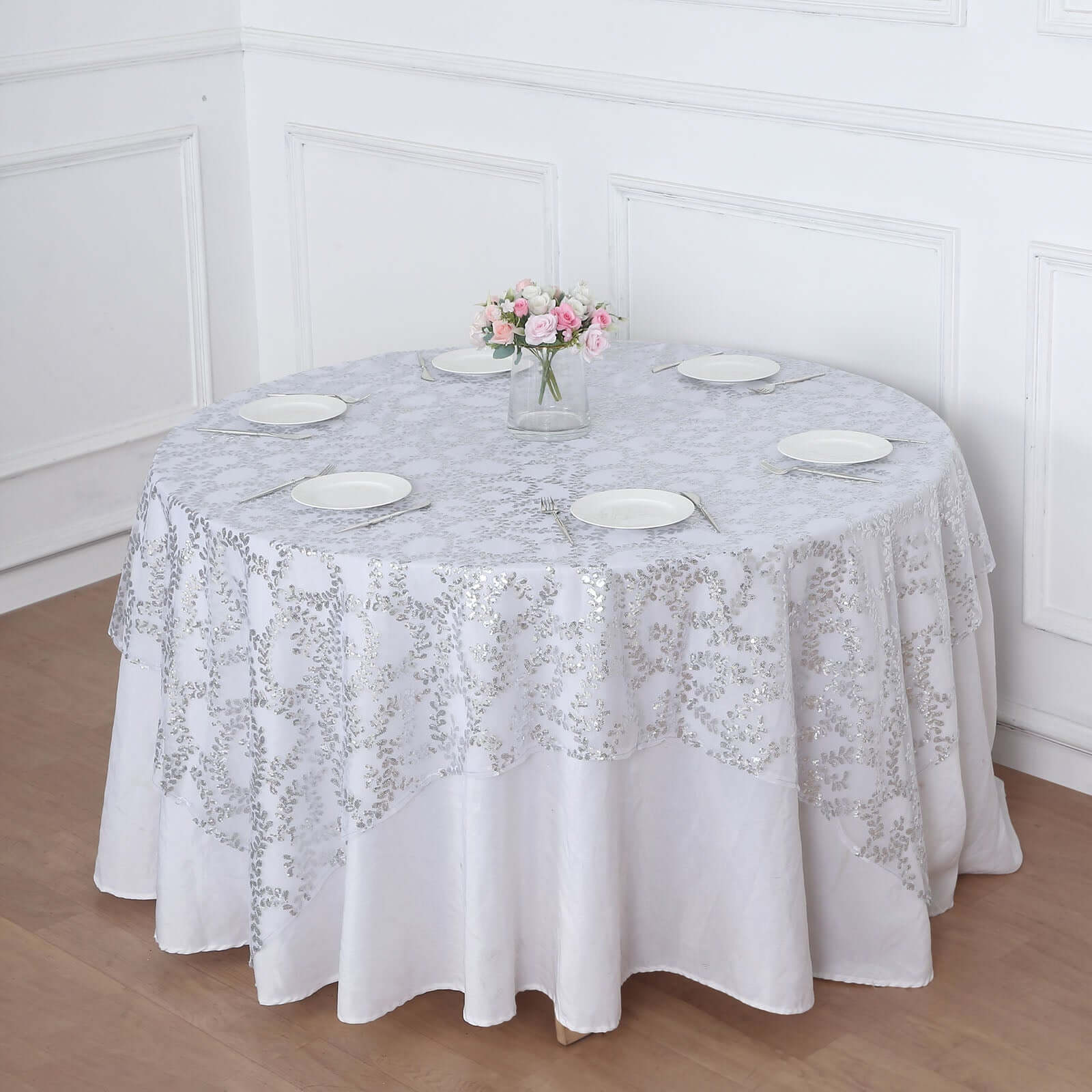 Tulle 72x72 Table Overlay Square Tablecloth Silver - Sequin Leaf Embroidered Table Topper