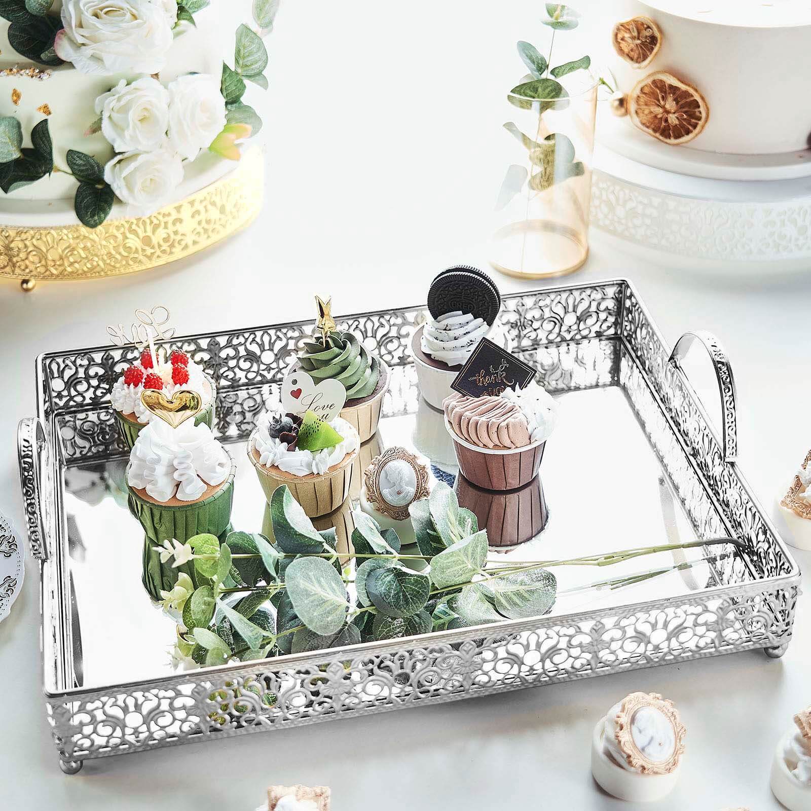 Metal Mirrored Rectangle Serving Tray 16x12 in Silver Fleur De Lis Design with Handles, French Inspired Decorative Vanity Tray Centerpiece