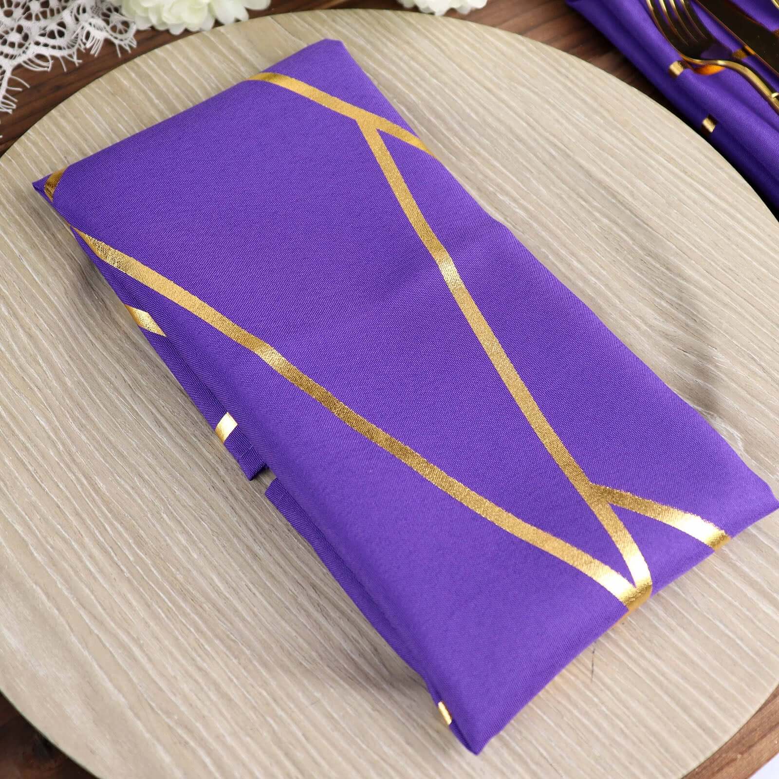 5 Pack Polyester 20x20 Napkins Purple with Gold Geometric Foil Pattern - Modern Reusable Dinner Napkins