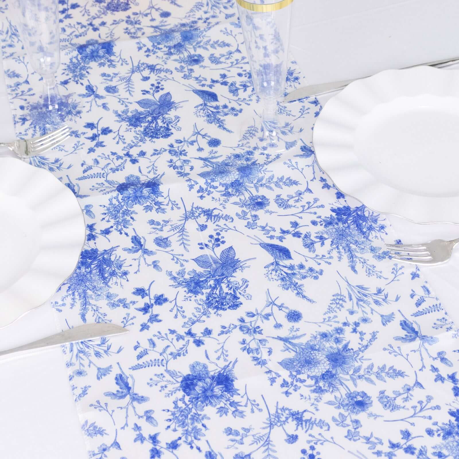 Satin 12x108 Table Runner White with Blue French Toile Floral Pattern - Refined Style for Upscale Events