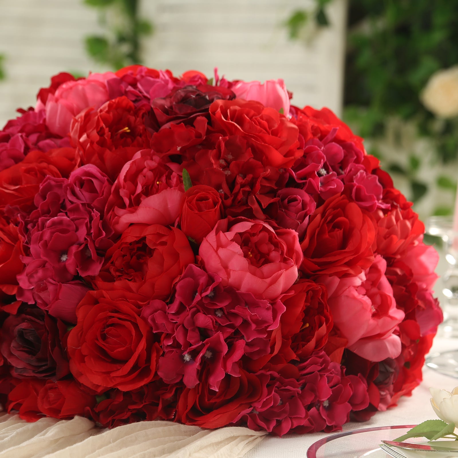 Pre-Arranged Silk Rose Bouquet Floral Arrangement Table Decor, Large Red Artificial Rose Flower Balls Wedding Centerpieces - 20