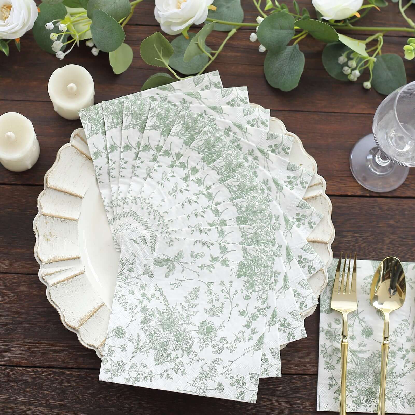 20-Pack Paper Cocktail Napkins with French Toile Print White/Sage Green - Disposable 2 Ply Beverage Napkins for Events 5x5