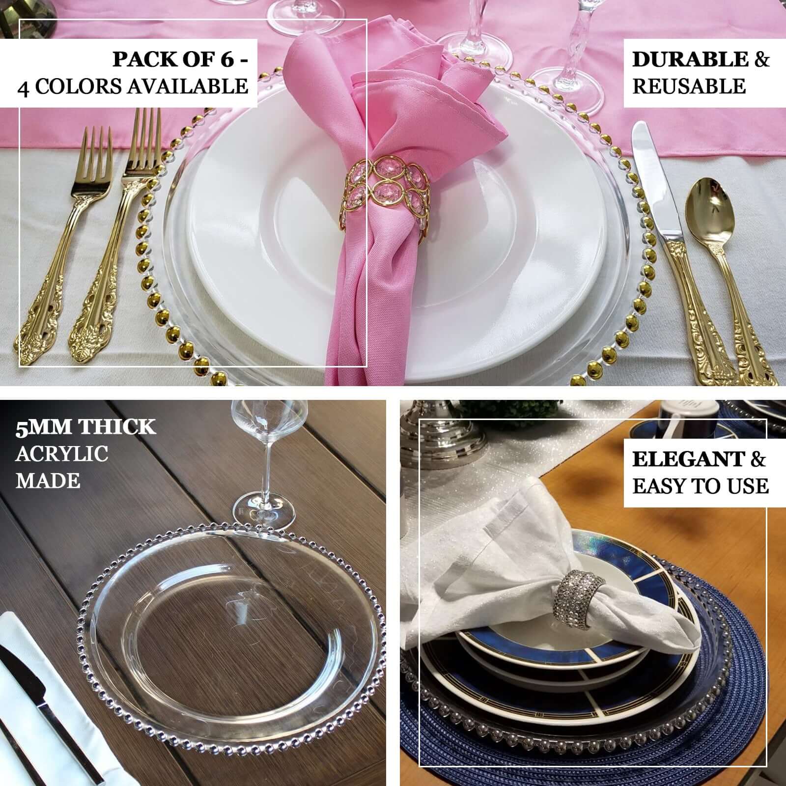 6-Pack Acrylic Round Charger Plates 13 in Clear with Silver Beaded Rim, Decorative Dinner Party Serving Plates
