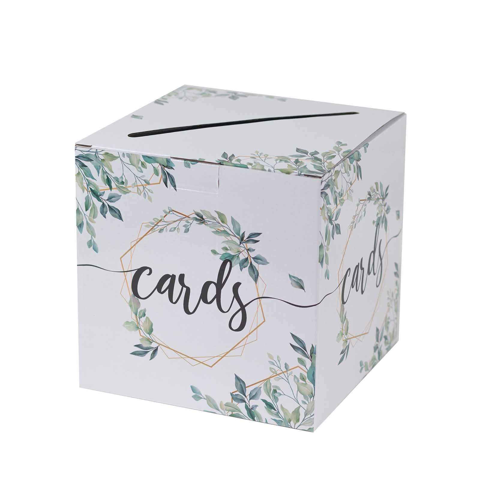 Greenery Theme Wedding Reception Gift Card Box with Geometric Gold Foil Print, Collapsible Money Card Box - 8x8