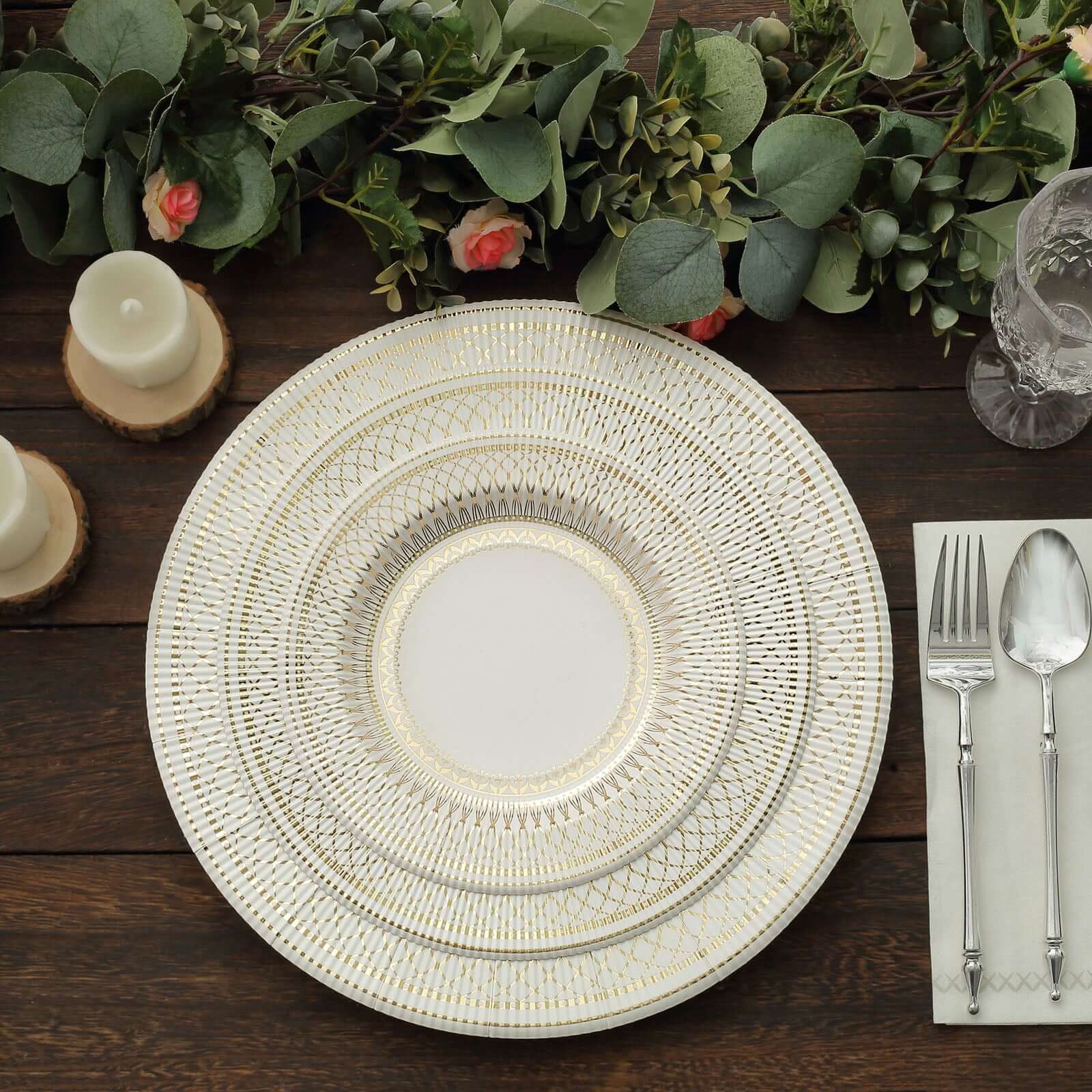 25-Pack Paper 10 Round Dinner Plates in White with Gold Vintage Porcelain Style Rim - Disposable 300GSM Party Plates