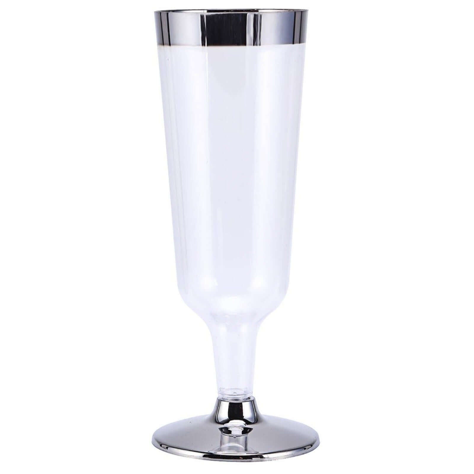 12-Pack Plastic Champagne Glasses Clear with Chrome Silver Rim - Stylish Short Stem Disposable Flutes for Events 6oz