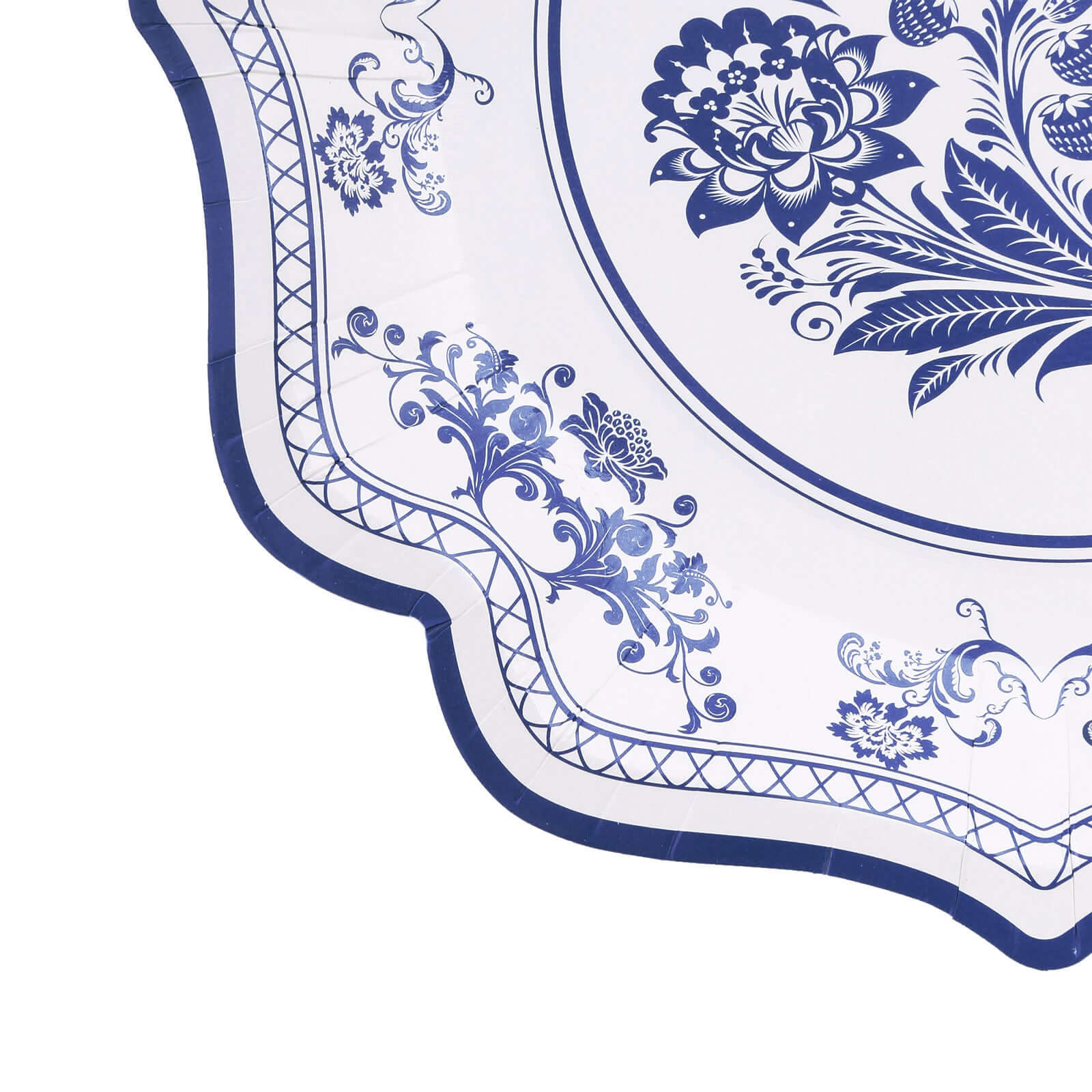 25-Pack Paper Dinner Plates in White with Light Blue French Toile Print & Scallop Rim - Stylish Disposable 300GSM Floral Party Plates 10