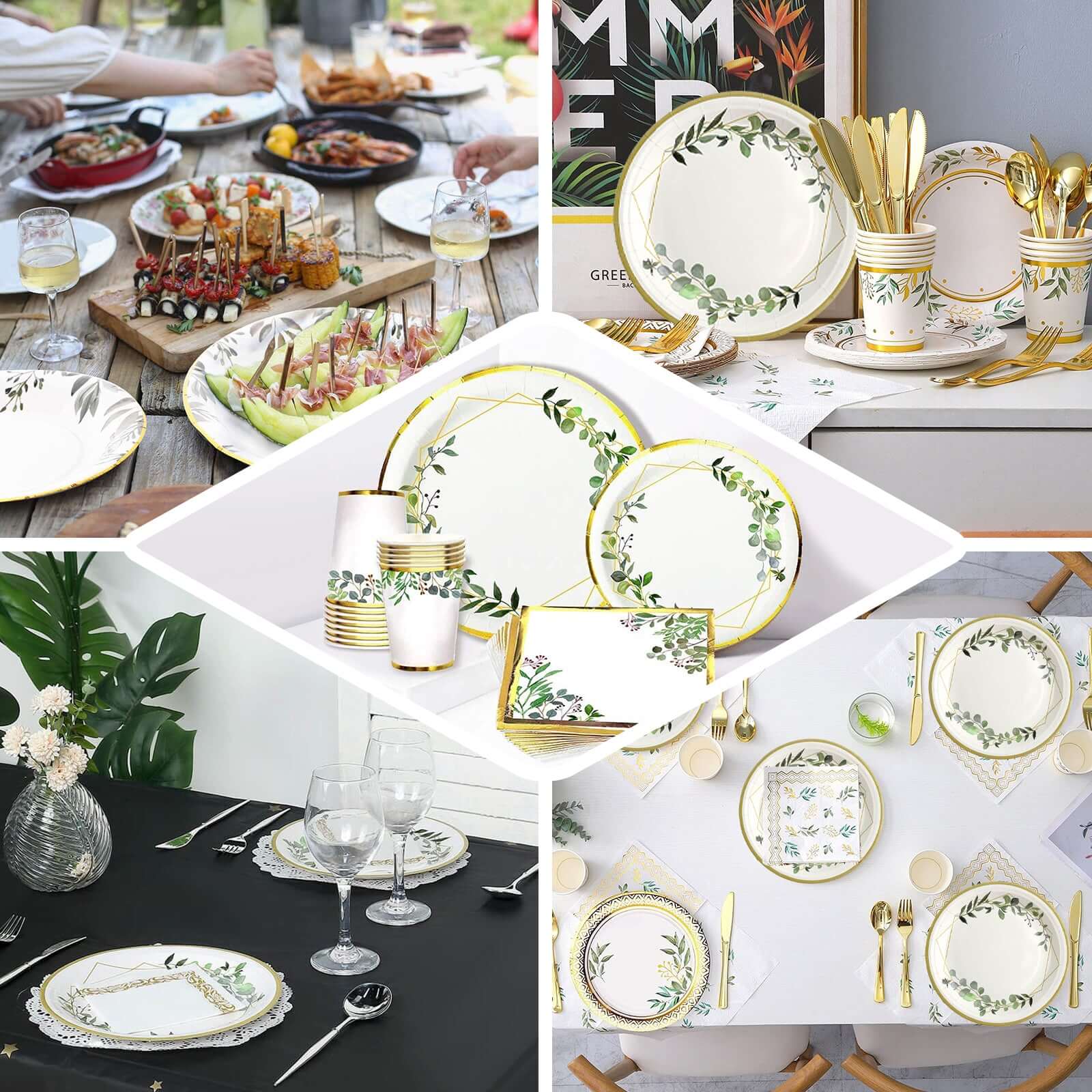 24-Pack Paper 7 Round Dessert Plates in White with Eucalyptus Leaves & Gold Rim - Disposable 300GSM Salad Plates for Garden Weddings & Celebrations