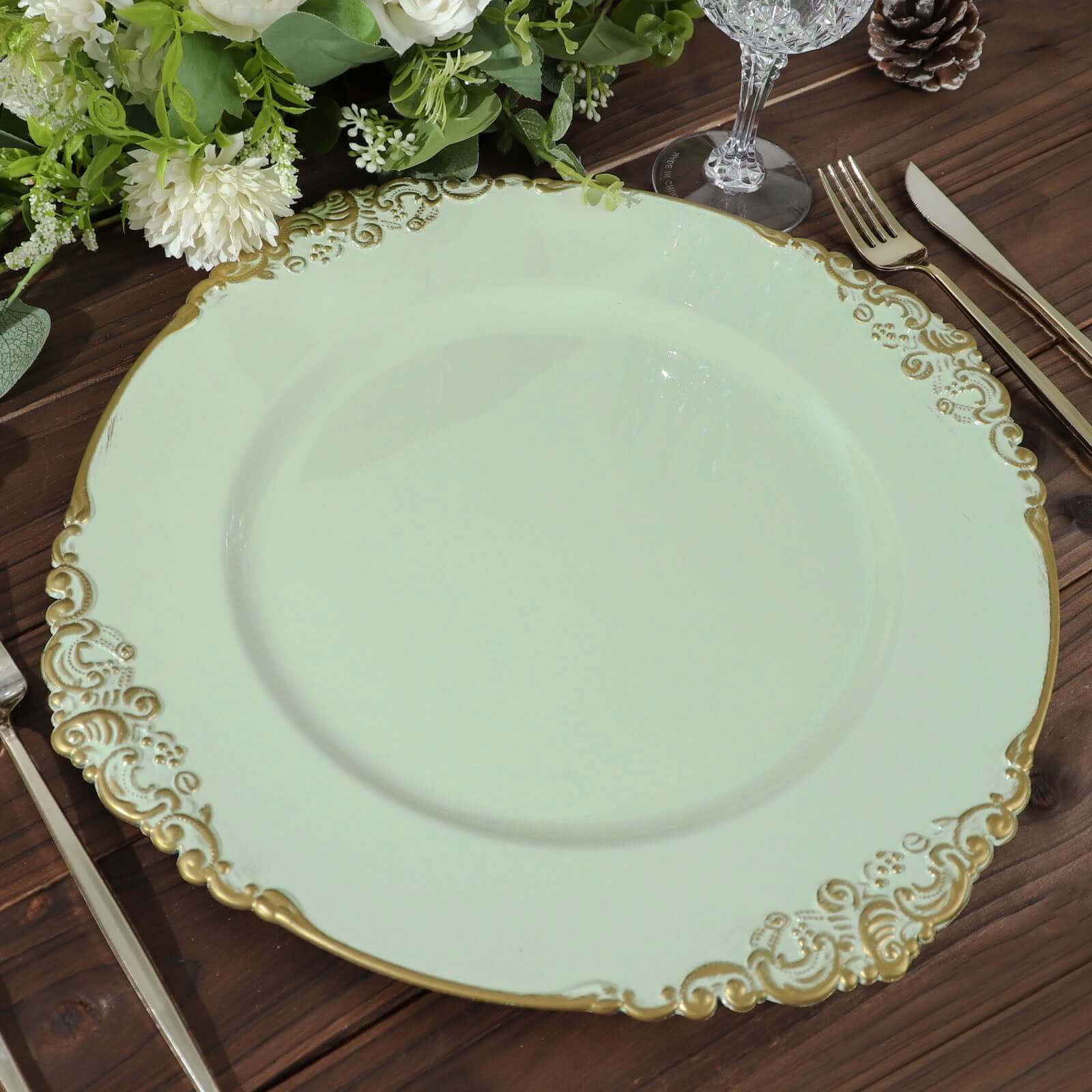 6-Pack Acrylic Round Charger Plates 13 in Sage Green with Gold Embossed Baroque Rim, Antique Decorative Dinner Party Charger Tableware