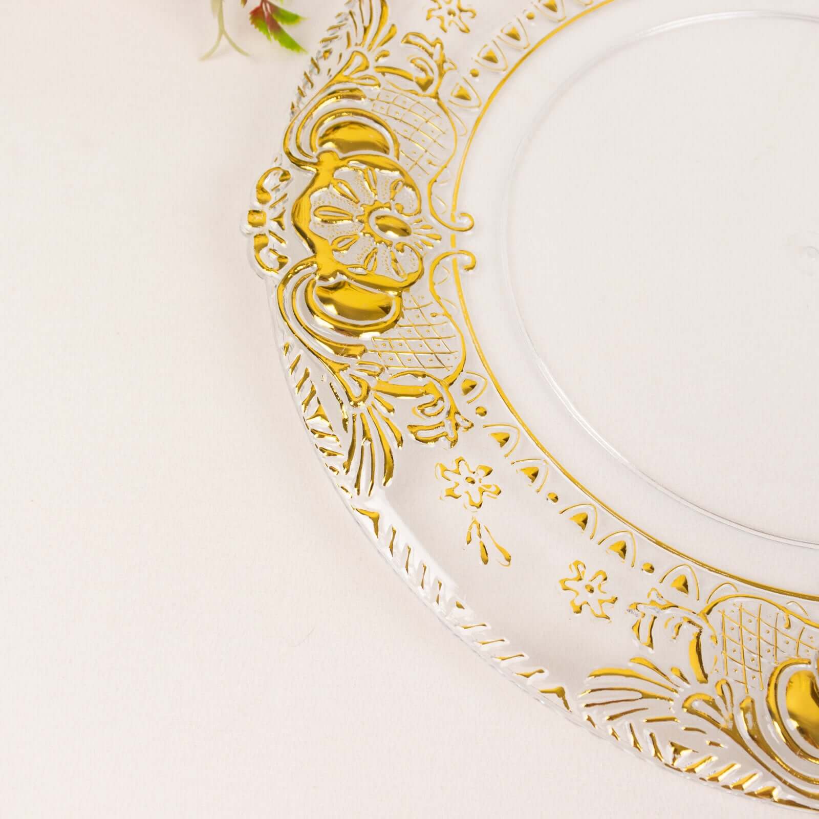 6-Pack Plastic Round Charger Plates 13 in Clear with Gold Florentine Embossed Rim, Exquisite Dinner Serving Plates