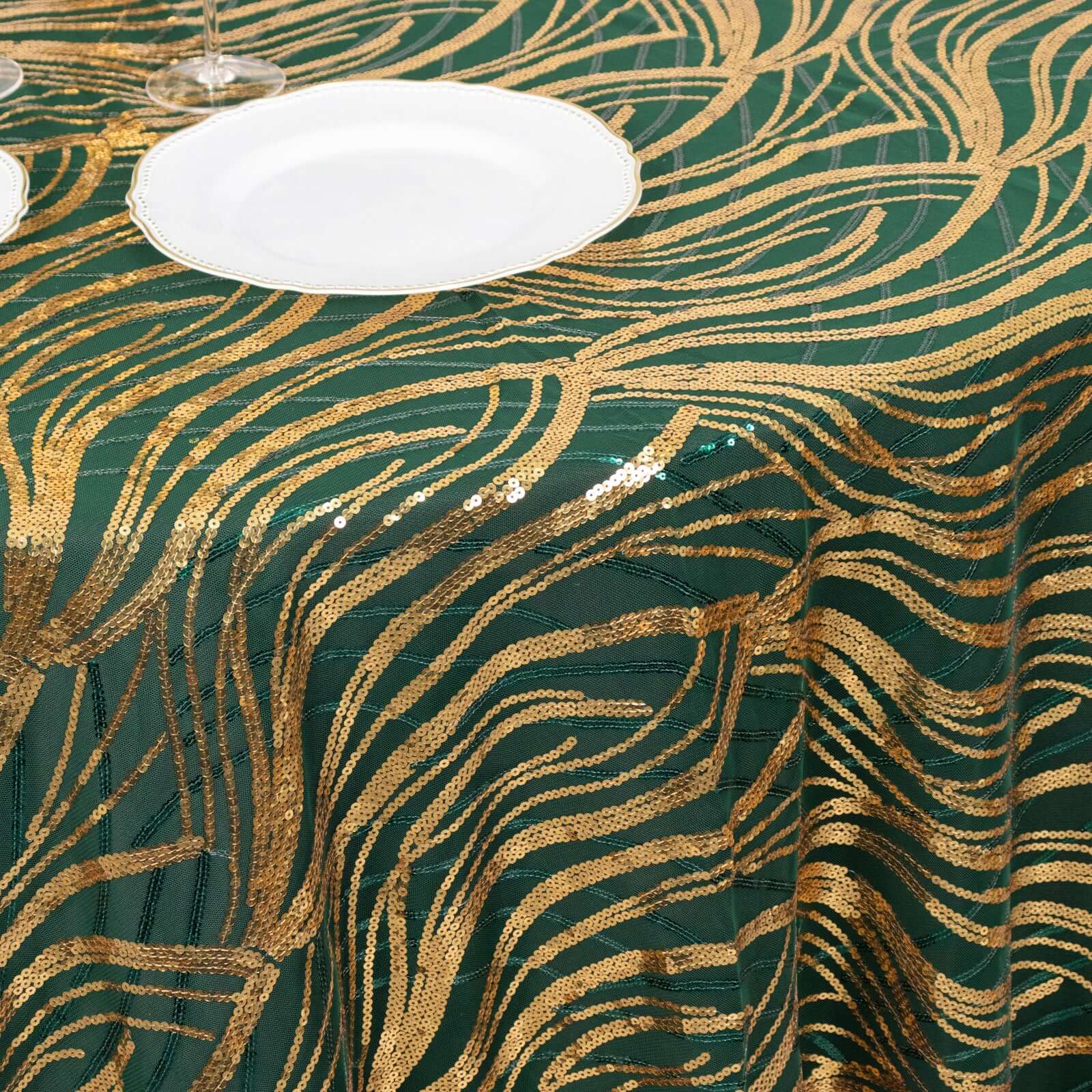 Sequin Mesh 120 Round Tablecloth Hunter Emerald Green/Gold - Seamless Wave Embroidered Table Cover