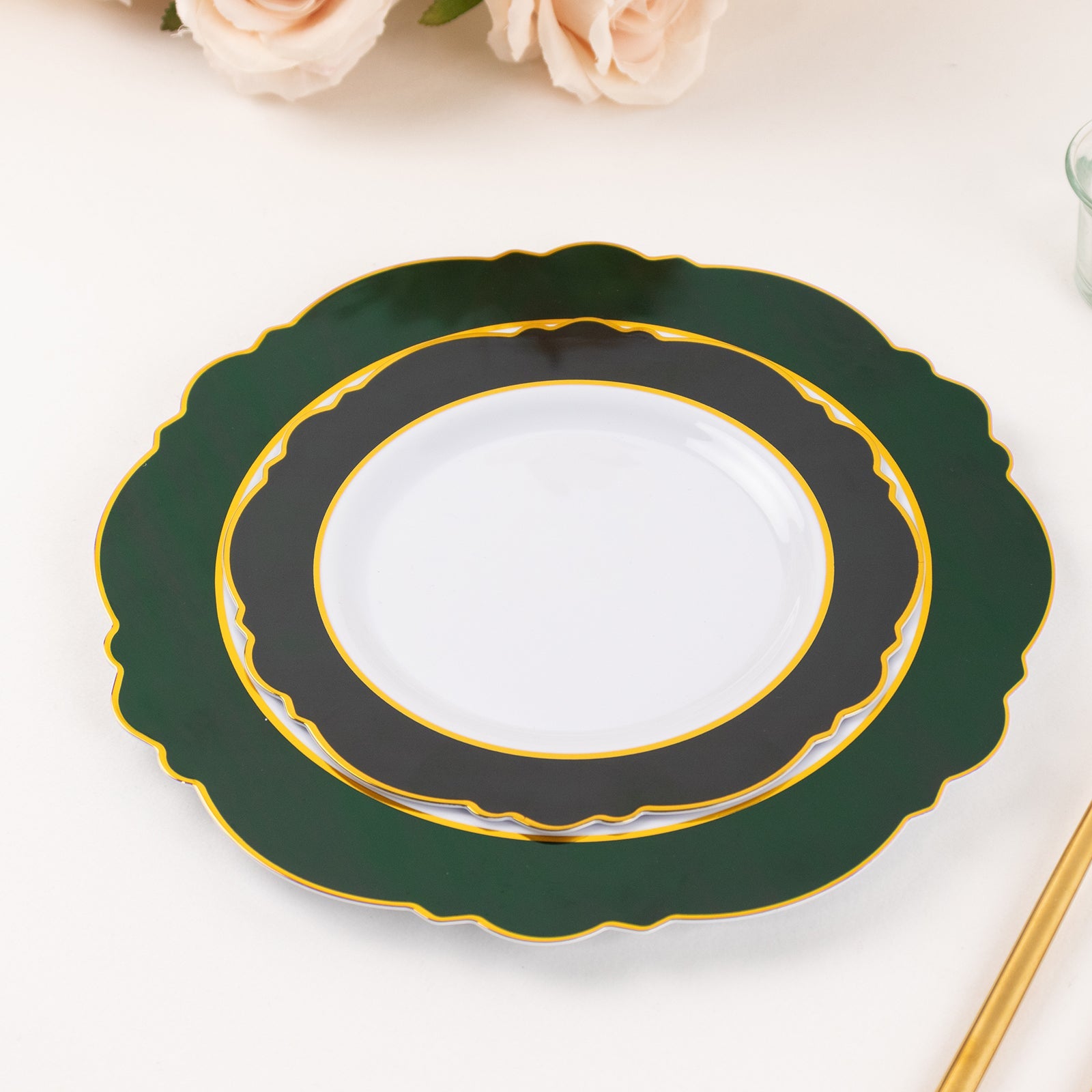 10-Pack Plastic 8 Round Dessert Plates in White with Hunter Emerald Green Blossom Design & Gold Edging - Disposable Salad Appetizer Plates