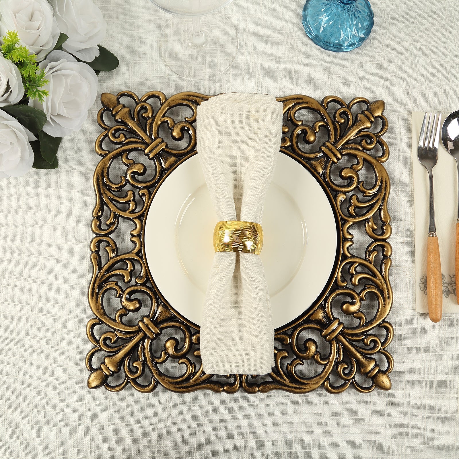 6-Pack Acrylic Square Charger Plates 12 in Black with Antique Gold Hollow Lace Border, Event Tabletop Decorative Charger Tableware