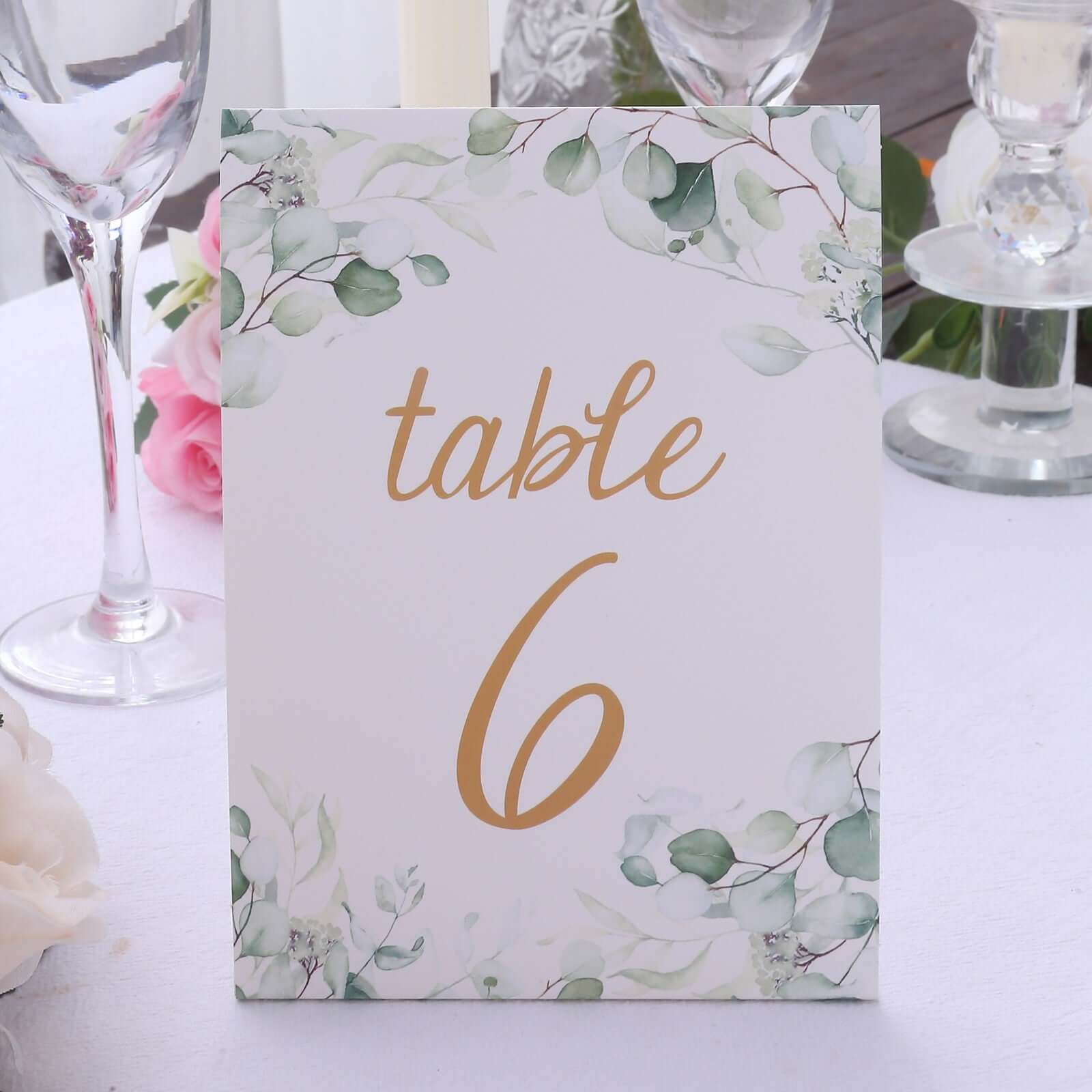 25-Pack Paper Wedding Table Numbers 1-25 White/Green Eucalyptus Leaves Design - Free Standing Double Sided Table Signs with Glam Gold Foil Numbers 7