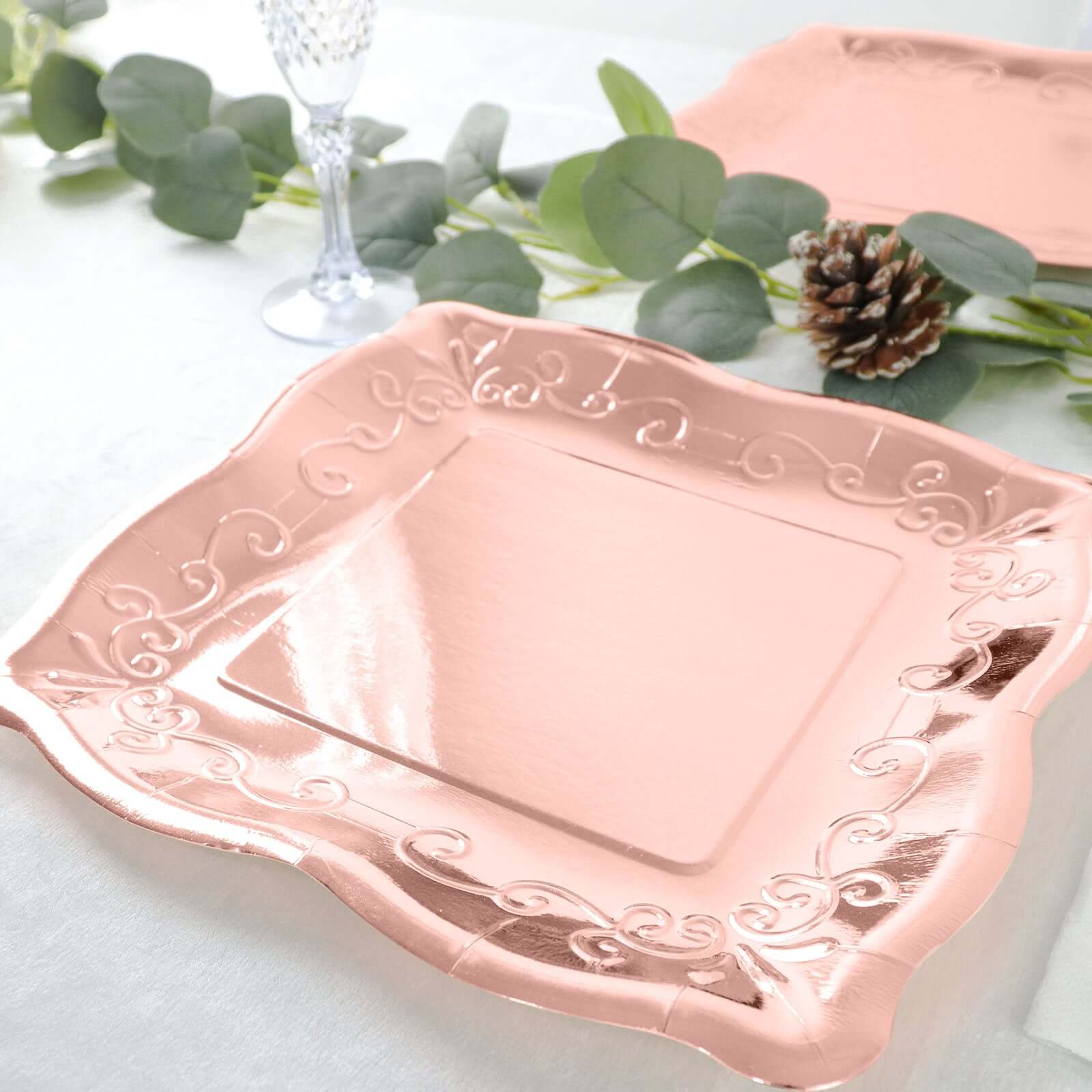 25-Pack Paper 11 Square Dinner Plates in Blush Rose Gold with Vintage Pottery Embossed Design - Shiny Metallic Disposable Serving Plates