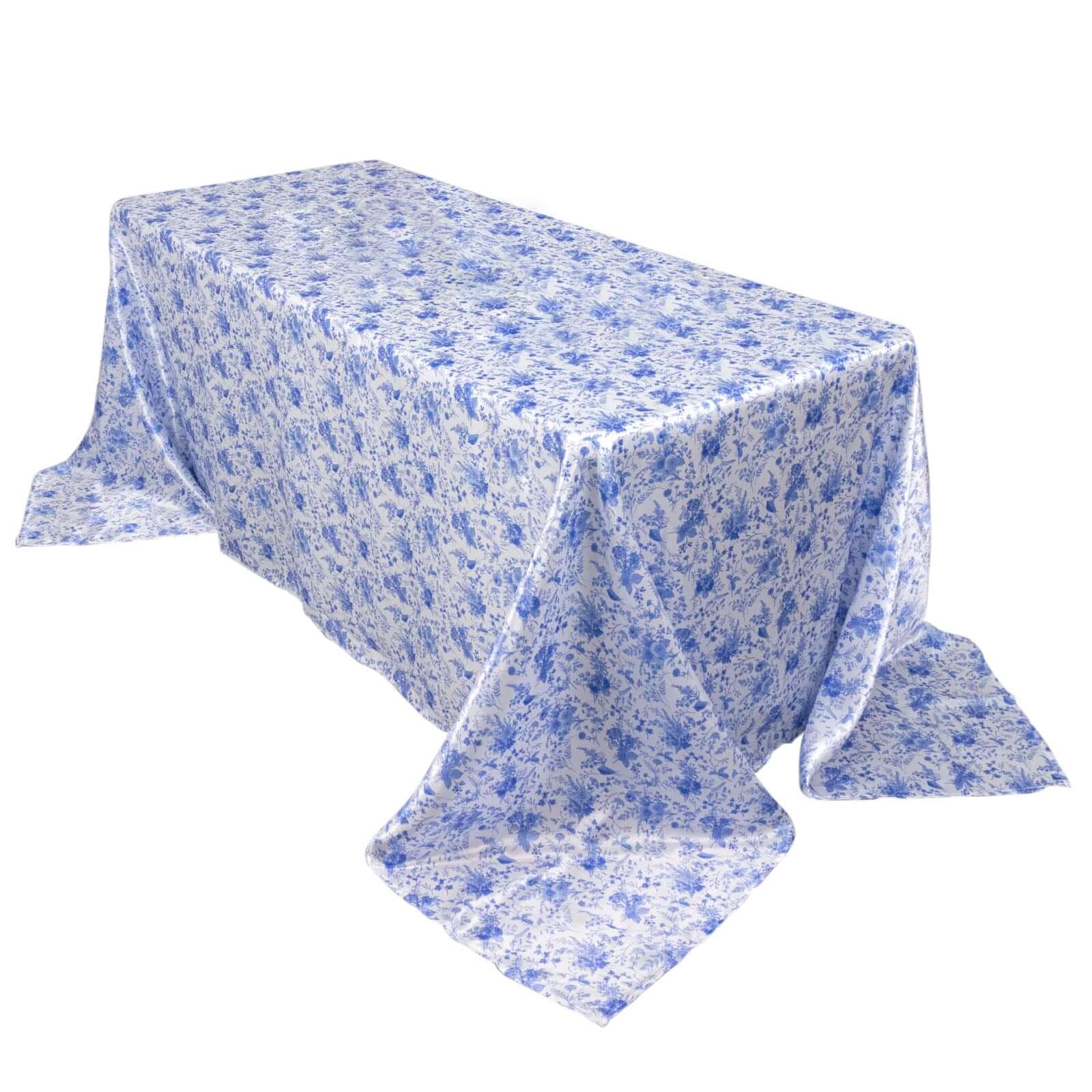 Satin Round 90x132 Tablecloth White/Blue French Toile Design - Seamless Stylish & Wrinkle-Resistant Table Cover