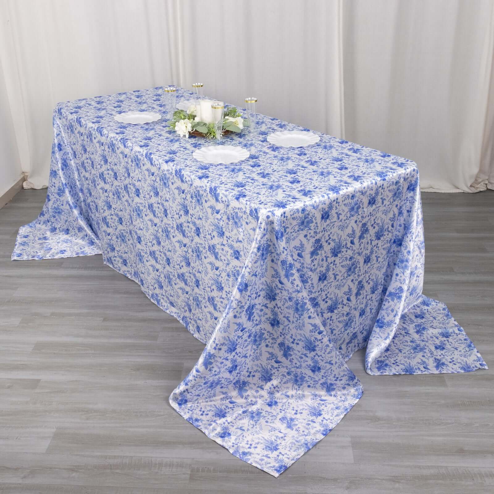 Satin Round 90x132 Tablecloth White/Blue French Toile Design - Seamless Stylish & Wrinkle-Resistant Table Cover