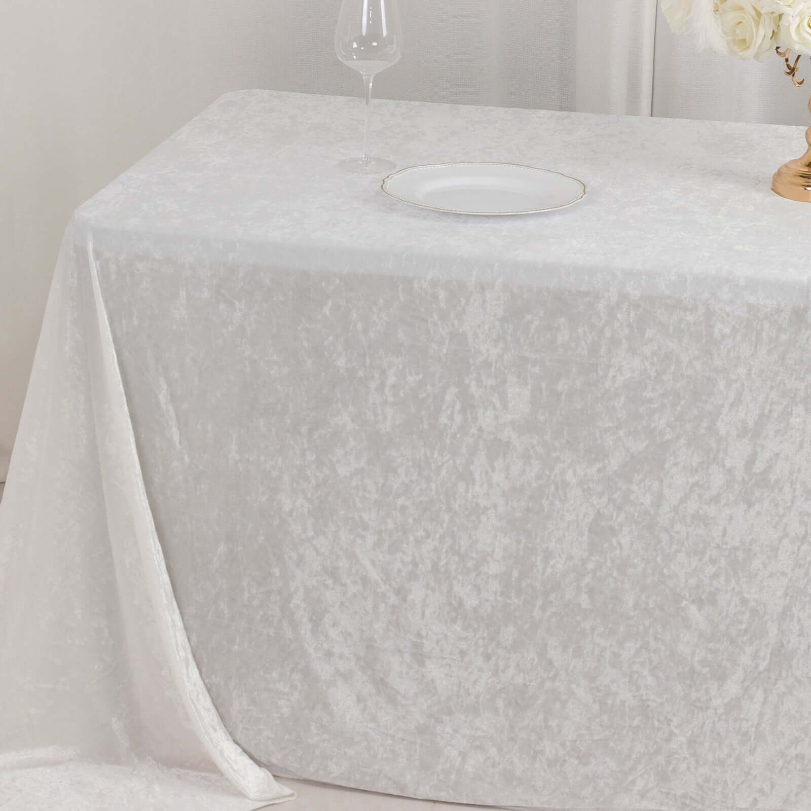 Premium Crushed Velvet 90x132 Rectangle Tablecloth White - Reusable Soft & Graceful Seamless Table Cover