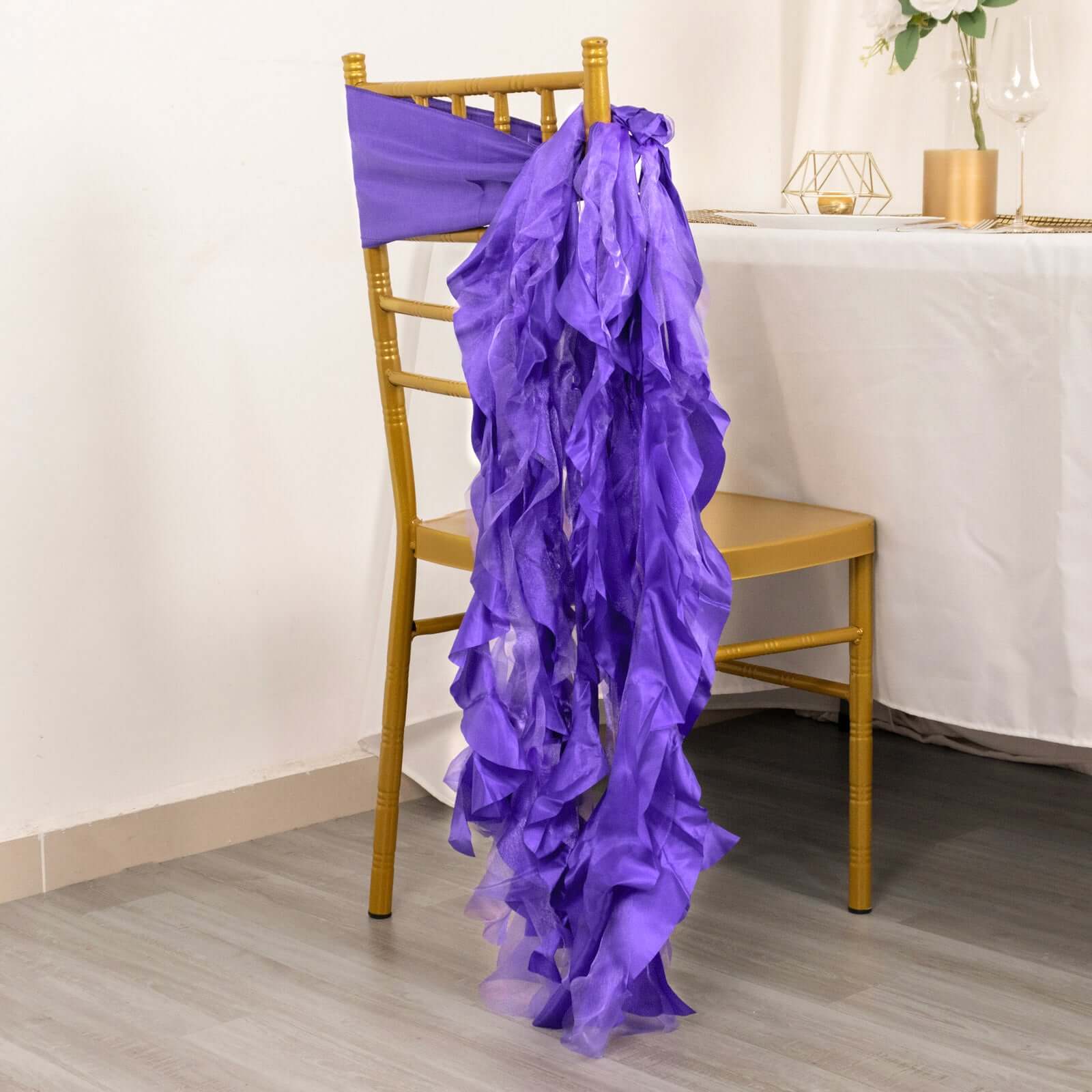 5 Pack Chiffon Satin Chair Sashes Purple - Easy to Install Ruffled Curly Willow