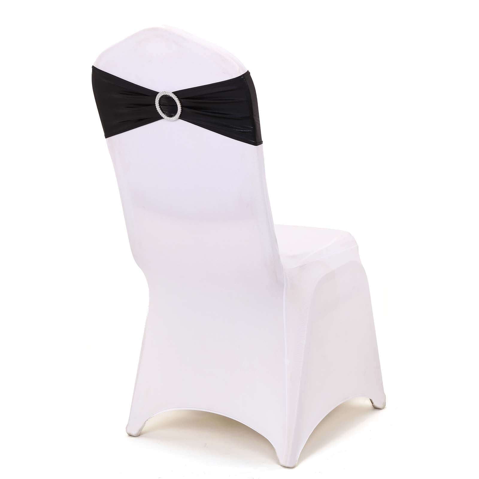 5 Pack Metallic Spandex Chair Sashes Black - Stretch Fit Chair Bands With Round Diamond Buckles for Glamorous Event Decor