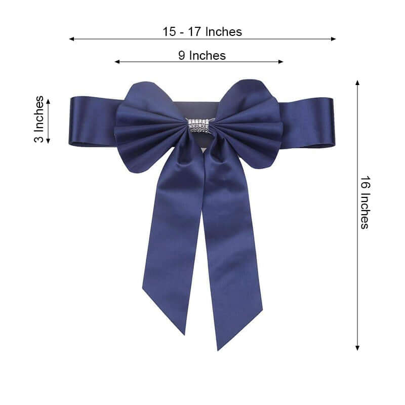 5 Pack Satin Faux Leather Chair Sashes Navy Blue - Durable Double Sided Pre-tied Bow Tie Chair Bands with Diamond Rhinestone Buckles