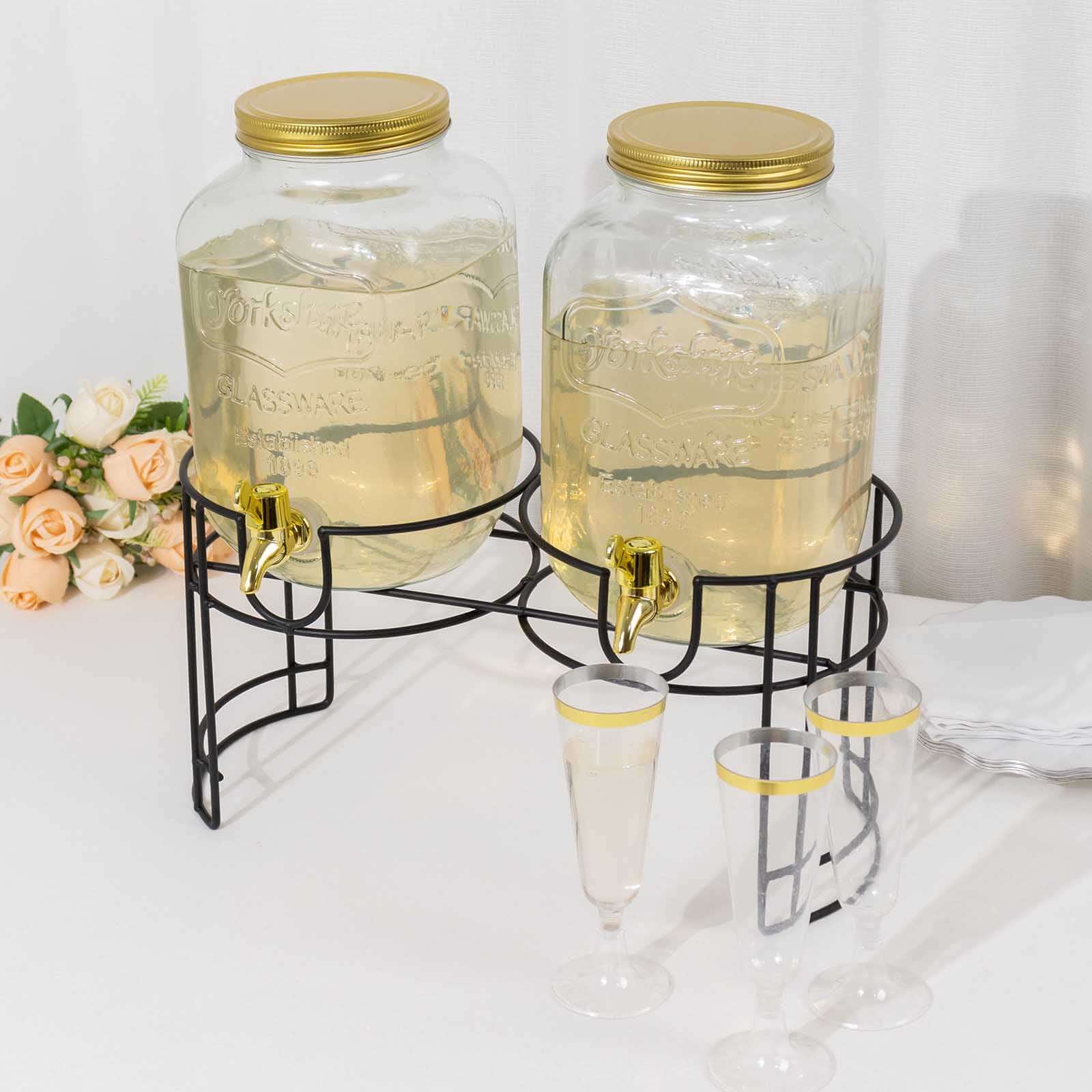 2-Pack Clear Glass Beverage Dispenser Stand, Dual Juice Jars with Gold Metal Lids and Spigot - Convenient Serving Feature 2-Gallon