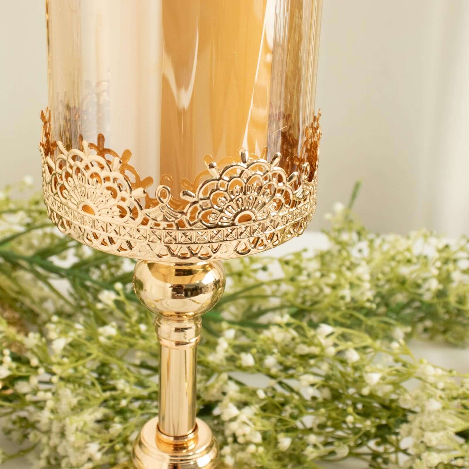 Set of 3 Lace Votive Candle Stands Antique Gold with Hurricane Glass Shades - Refined Pillar Candle Holders 13, 15, 17