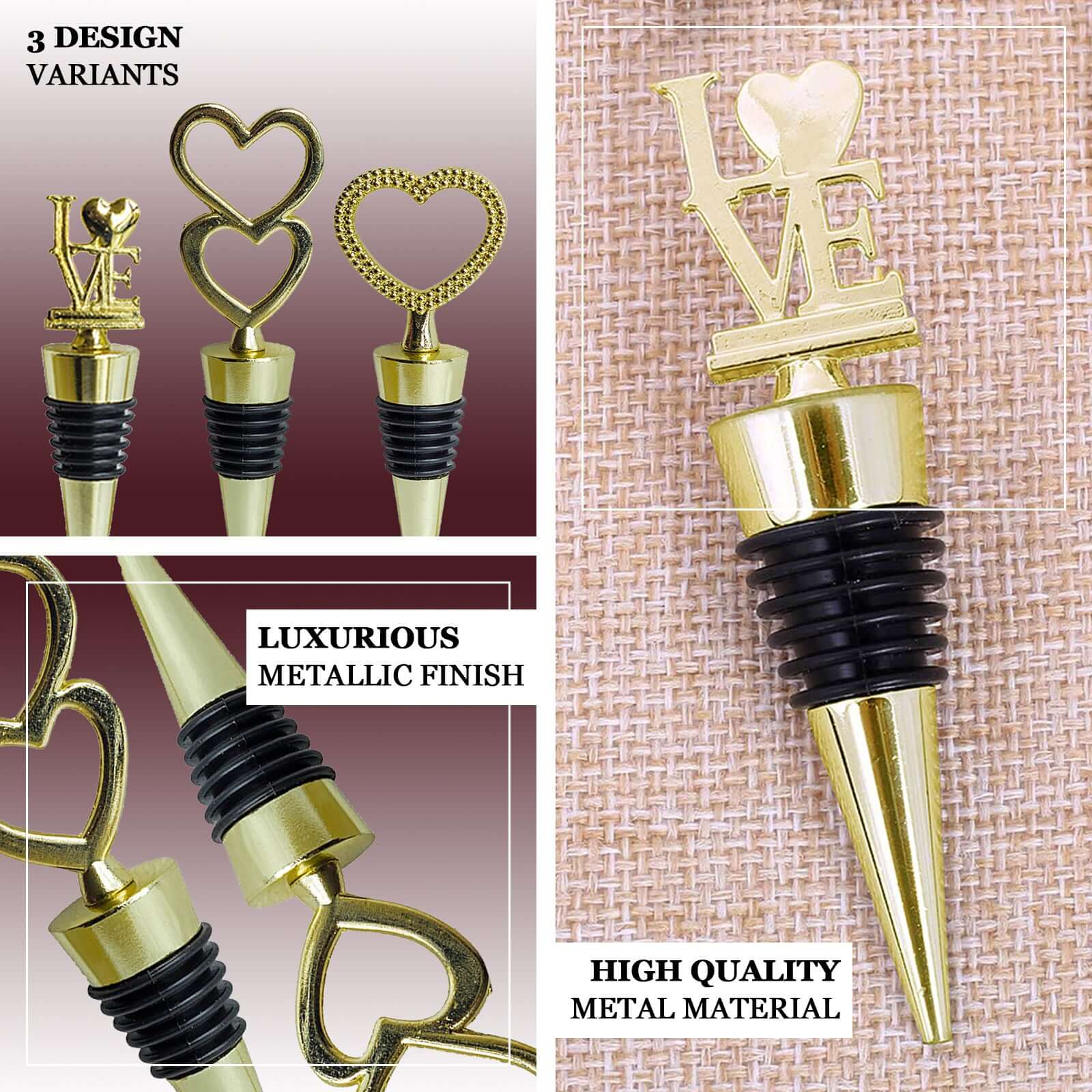 5 Gold Metal Double Heart Wine Bottle Stopper Wedding Party Favors With Velvet Gift Box