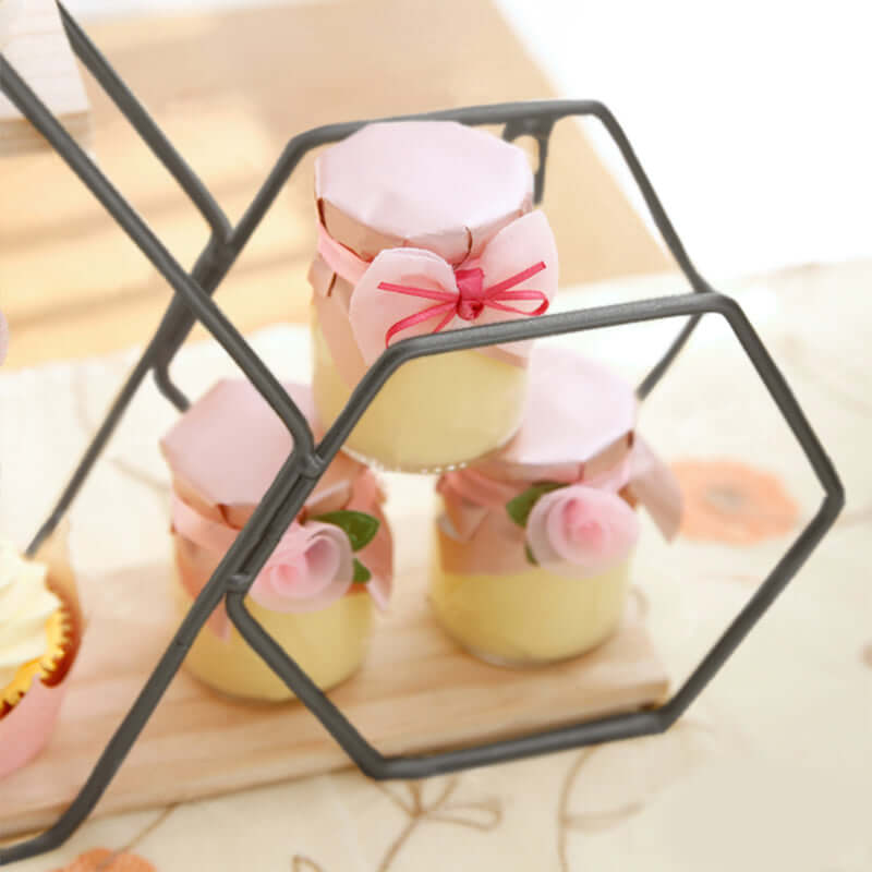 10x17 2-Tier Hexagon Floating Shelf, Dessert Display Stand With Black Double Geometric Design