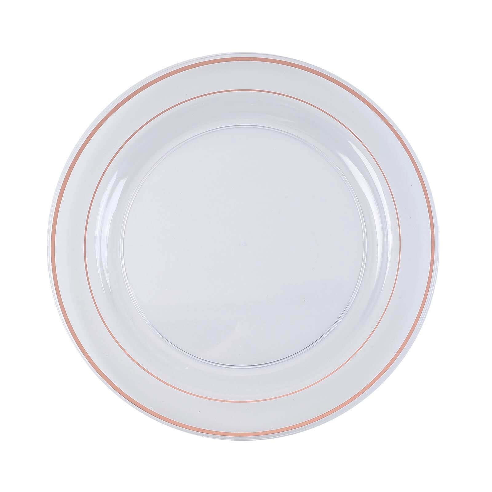 10-Pack Plastic Dinner Plates Clear with Très Chic Rose Gold Rim - Perfect Disposable Party Plates 10