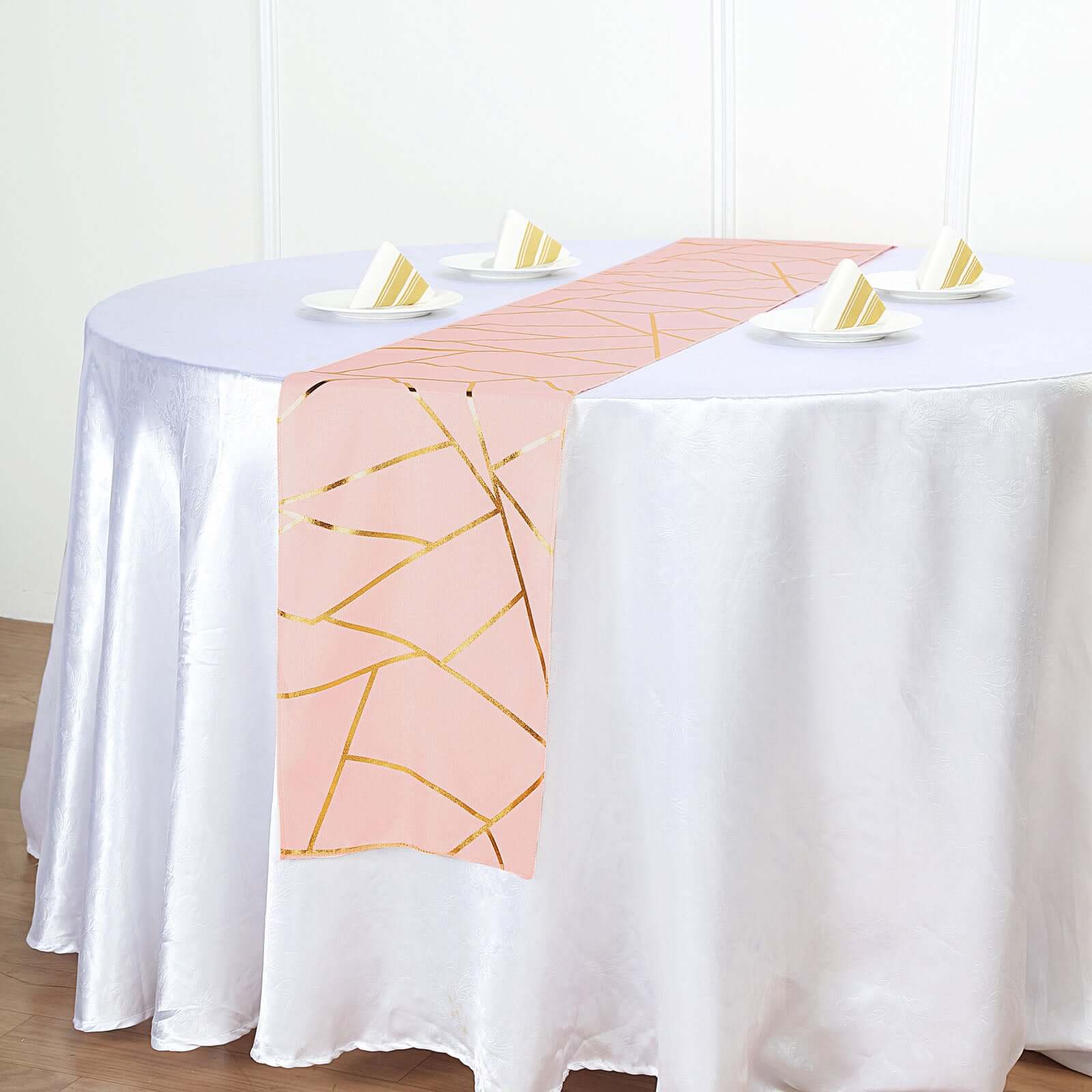 Polyester 9ft Table Runner Blush with Gold Foil Modern Geometric Accent