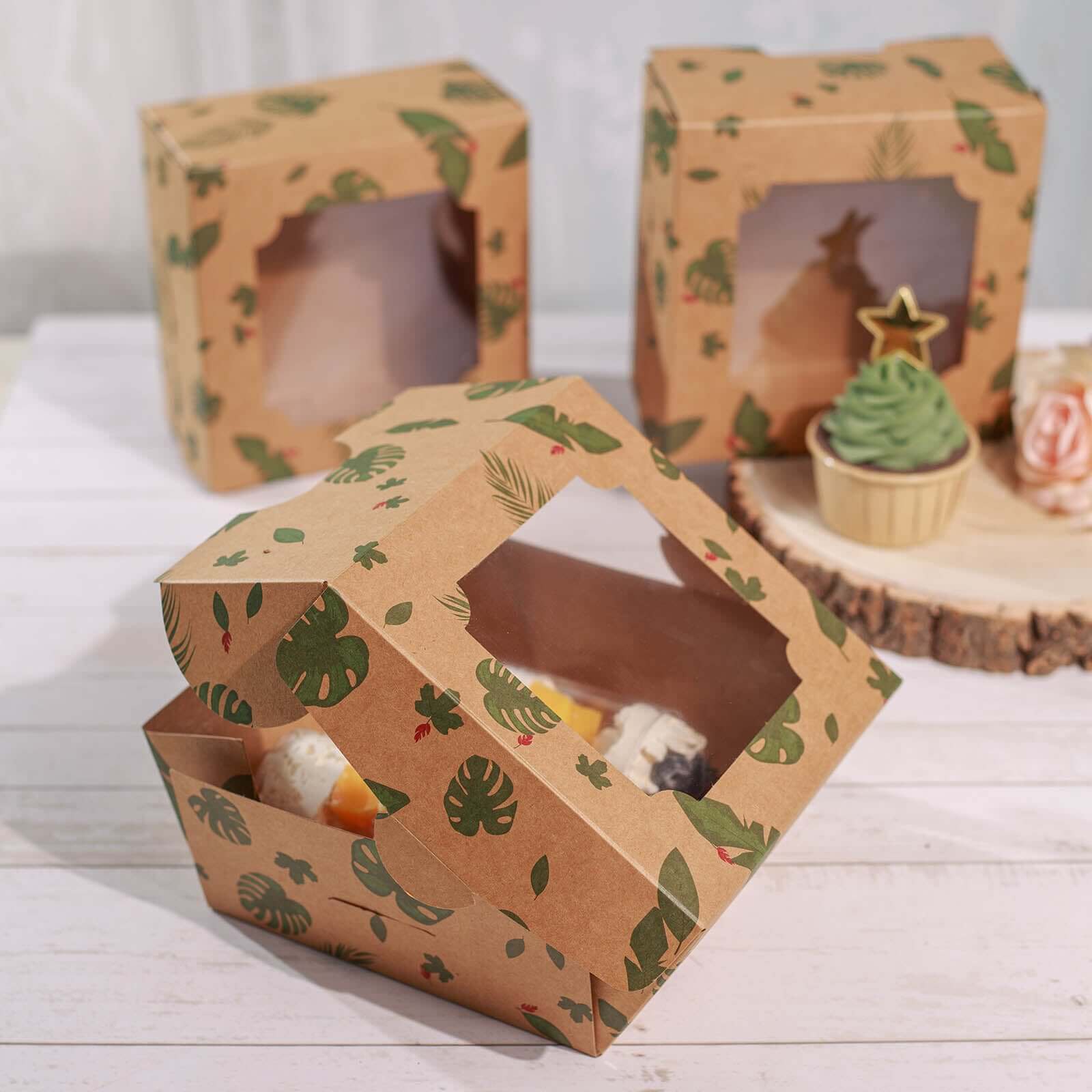 12-Pack Cardstock Cookie Boxes with Display Window - Tropical Leaf Design Disposable Treat Bakery Boxes for Donuts Cupcakes Strawberries & Pastries 6x6x3