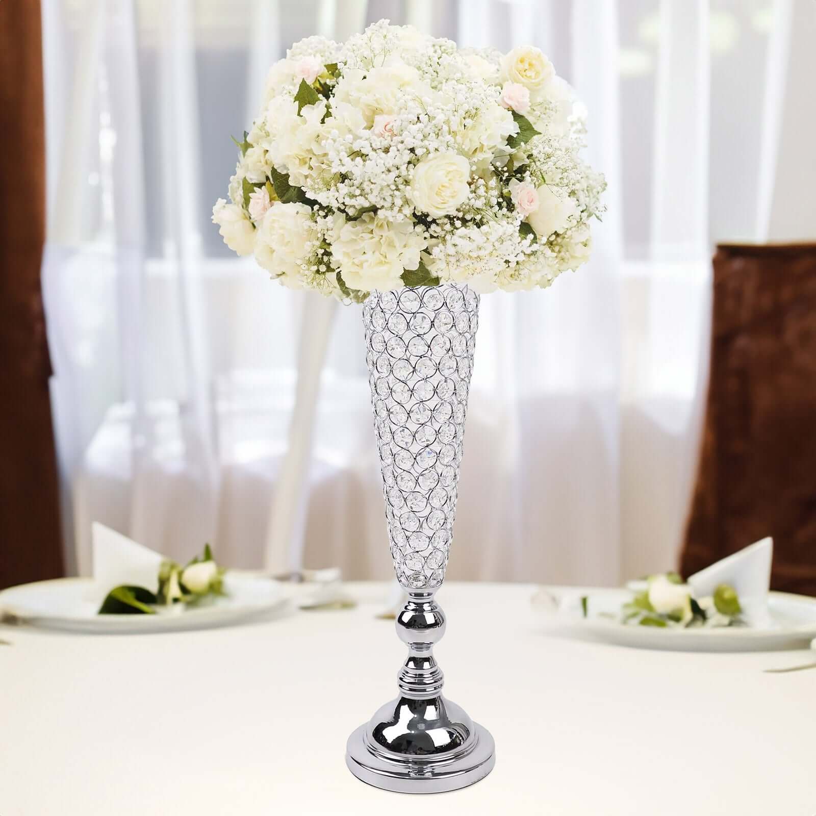 3-Pack Crystal Beaded Trumpet Vase Set Silver - Table Centerpiece for Weddings and Events 32