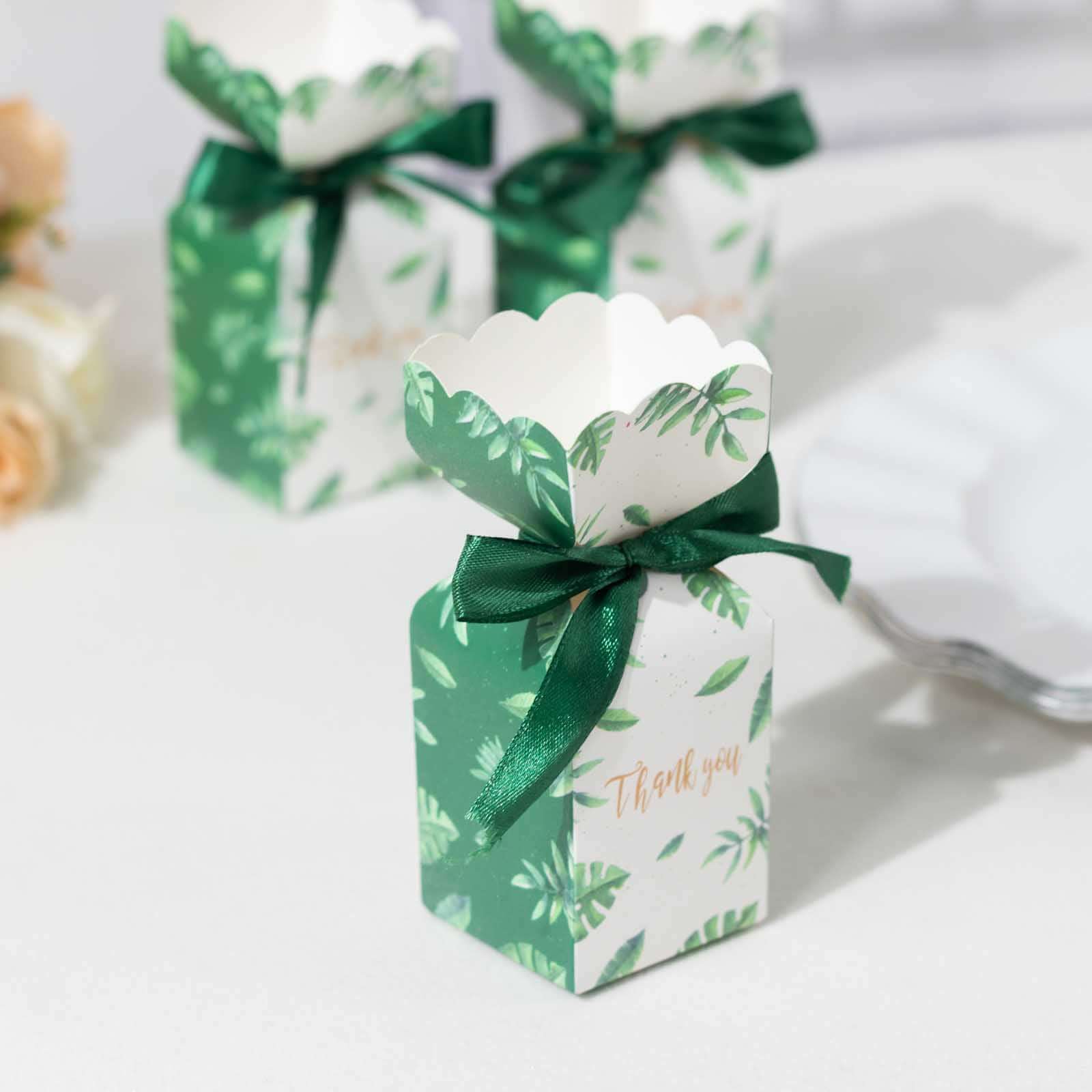 25 Pack White Green Leaf Print Satin Ribbon Candy Gift Boxes With Floral Top, Cardstock Paper Party Favor Boxes - 2x5