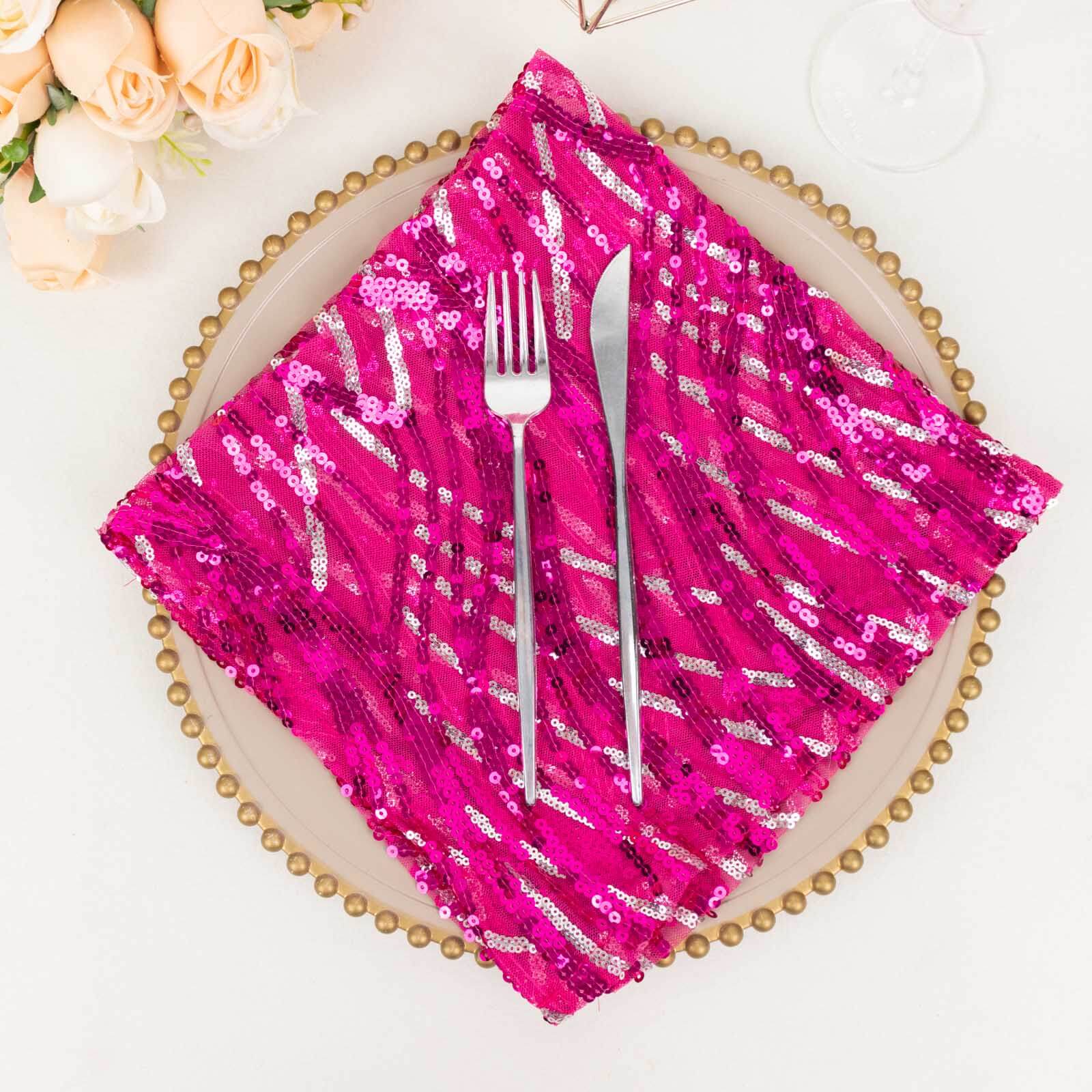 Sequin Mesh 20x20 Napkin Fuchsia Silver - Wave Embroidered Reusable Napkin