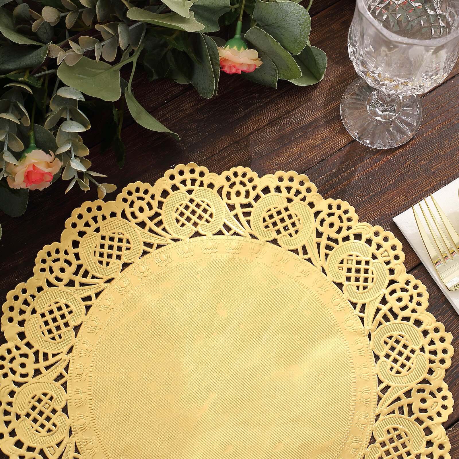 50 Pcs Paper 12 Round Placemats in Gold - Food Grade Lace Paper Doilies for Dessert Display & Table Decor