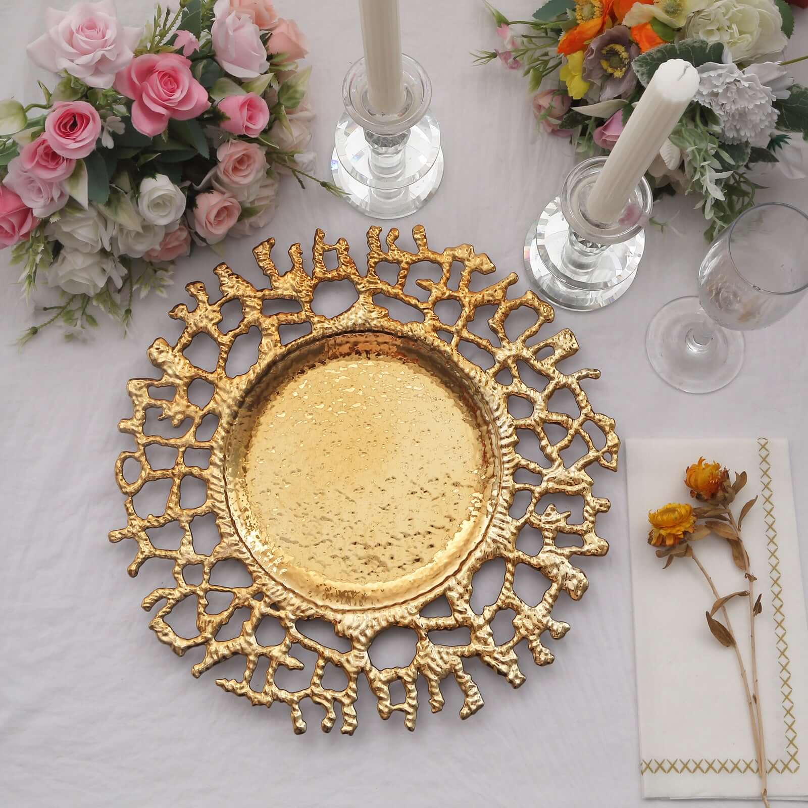 6-Pack Acrylic Round Charger Plates 13 in Gold with Molten Branch Design, Plastic Hollow Lace Decorative Dinner Party Charger Tableware