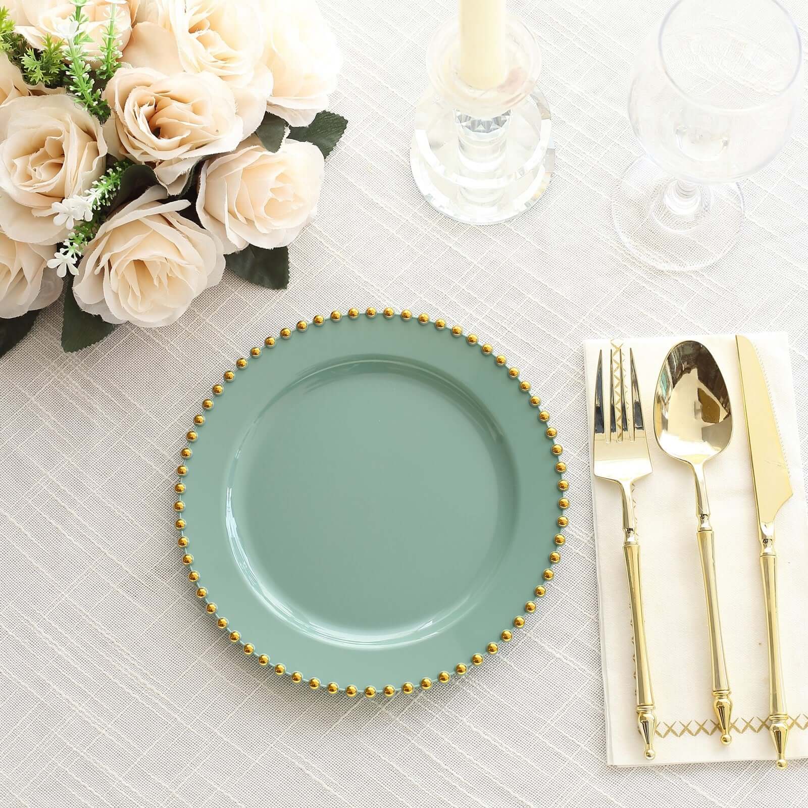 10-Pack Plastic 8 Round Appetizer Dessert Plates in Dusty Sage Green with Gold Beaded Rim - Disposable Salad Plates