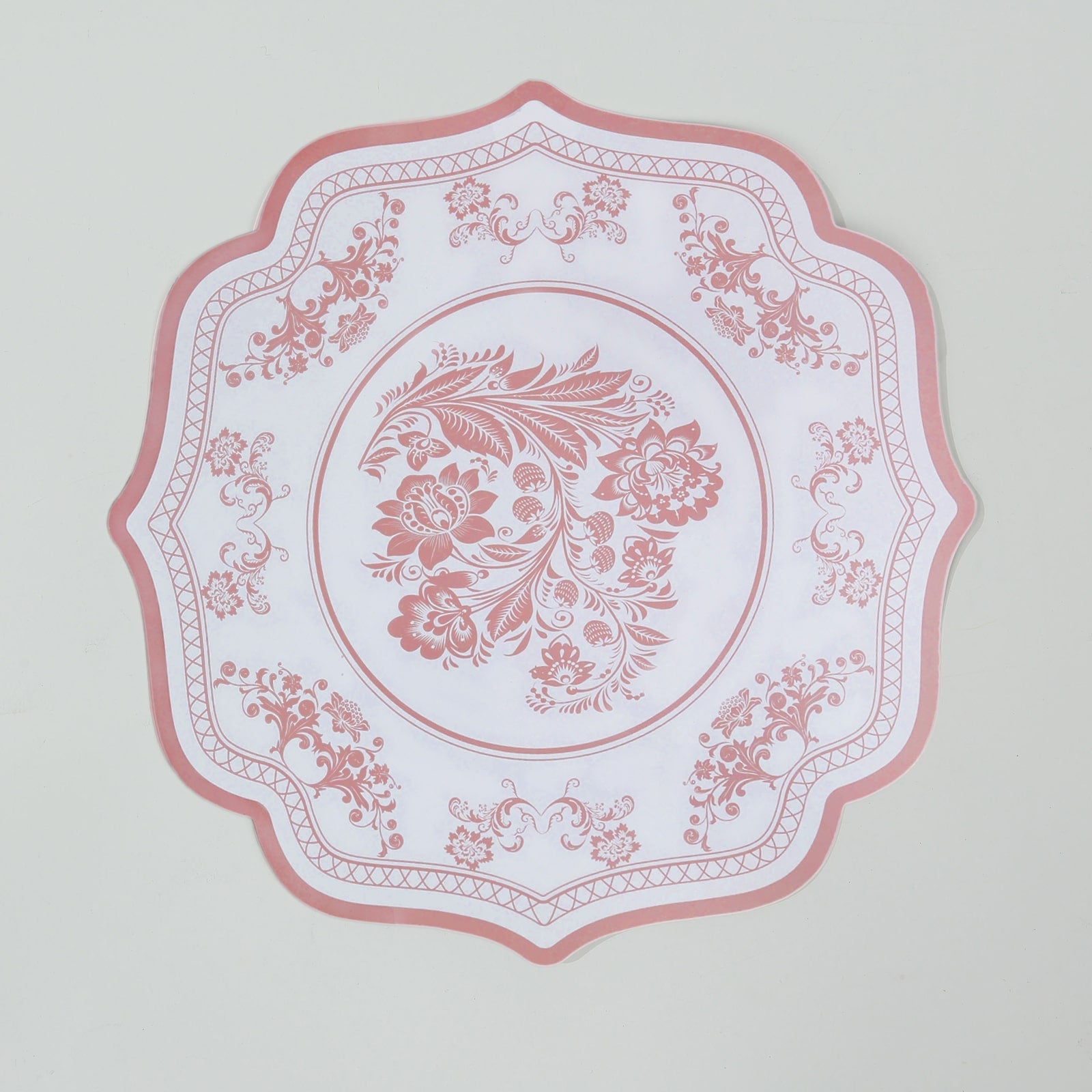 10-Pack Disposable Table Placemats 13 Round Placemats in White with Pink French Toile Pattern & Scalloped Rim - 400GSM Cardboard Placemats for Stylish Table Setting