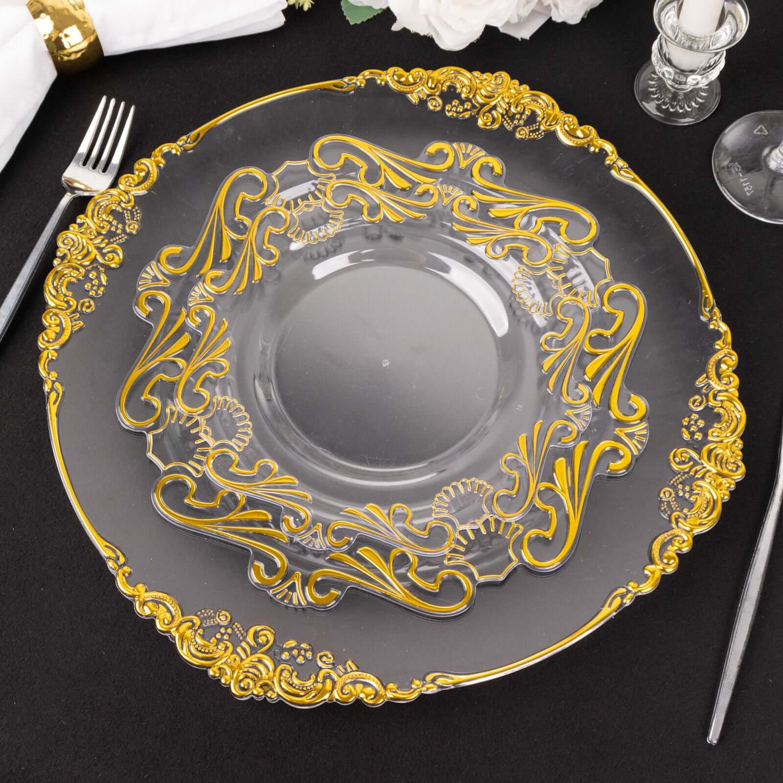 10-Pack Plastic 10 Round Dinner Plates in Clear with Gold Vintage Baroque Scalloped Rim - European Style Disposable Party Plates