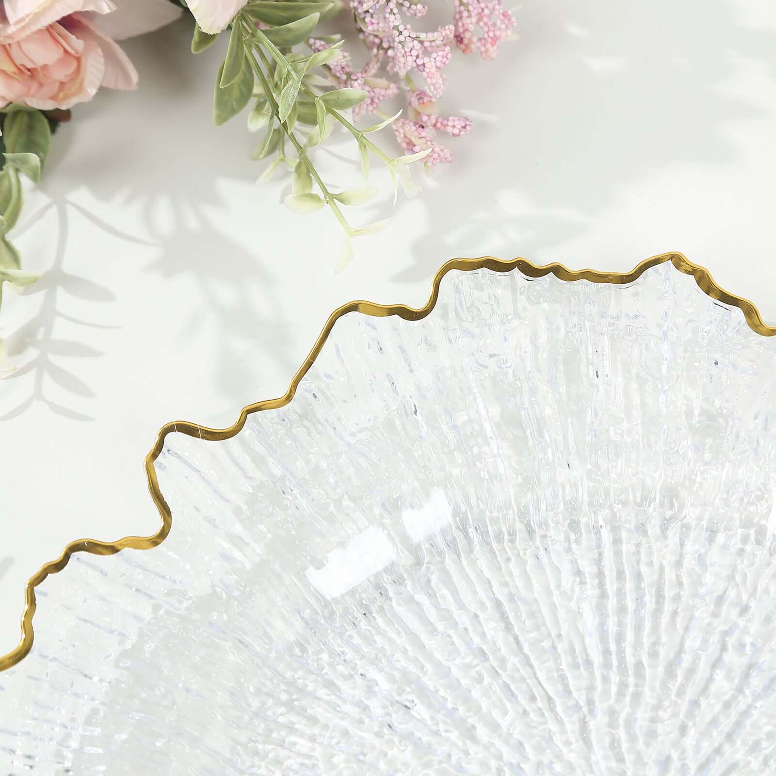 6-Pack Plastic Round Charger Plates 12 in Clear Reef Design with Gold Rim, Decorative Dinner Party Serving Plates