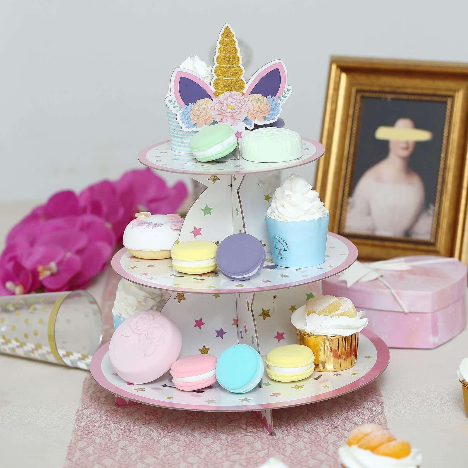 3-Tier Cardboard Cupcake Dessert Stand - Stable Treat Tower Display Holder for Unicorn Themed Girls Birthday Baby Shower Party Decor 15