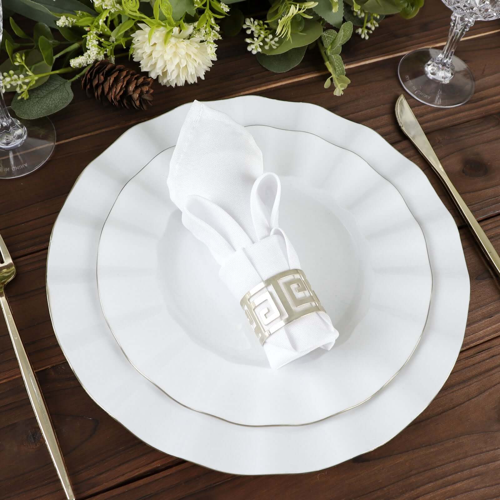 10-Pack Plastic 11 Round Dinner Plates in White Ruffled Rim with Gold Edging - Sturdy Disposable Dinnerware for Classy Events & Banquets