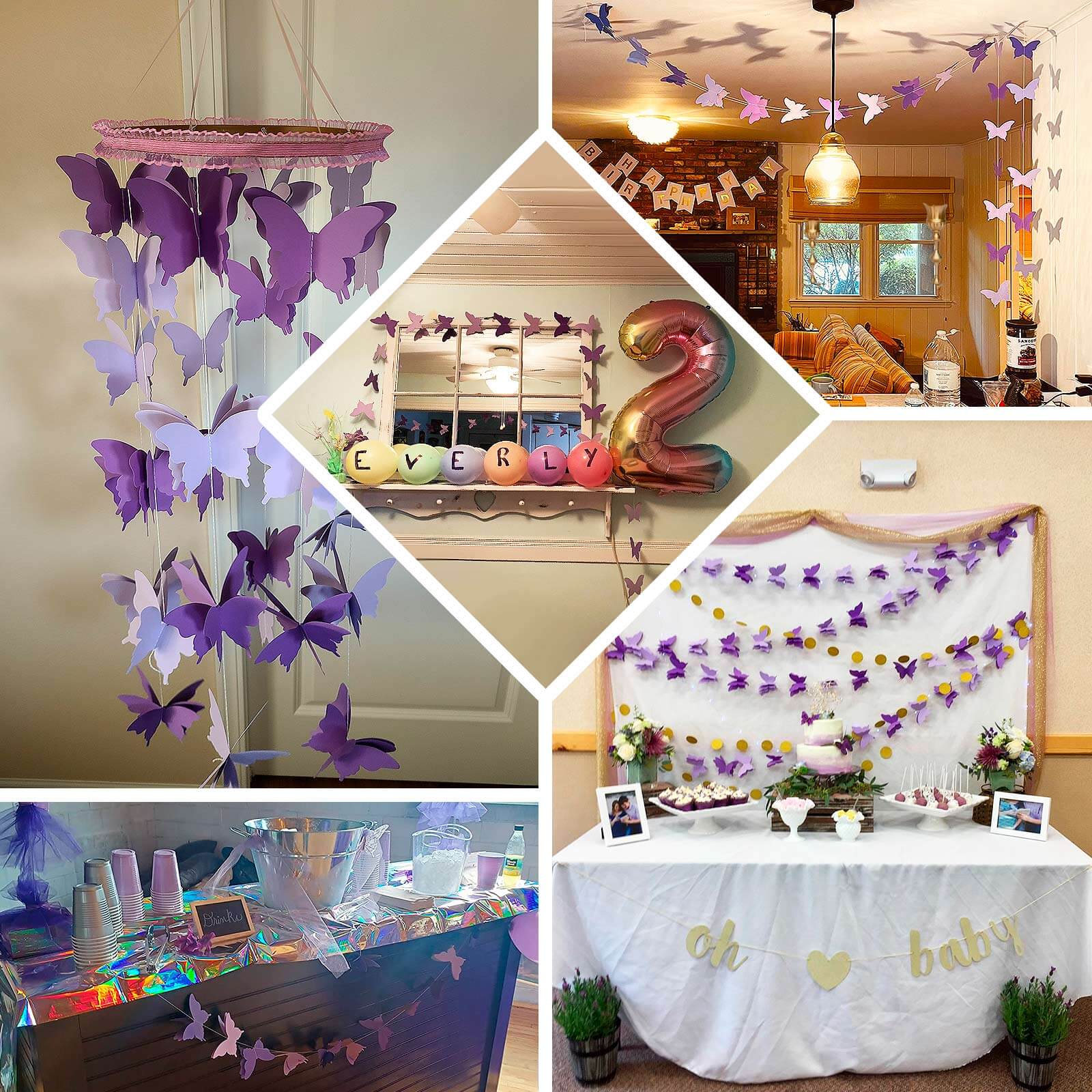 2 Pack 9ft Purple 3D Paper Butterfly Hanging Garland Streamers, Party String Banners