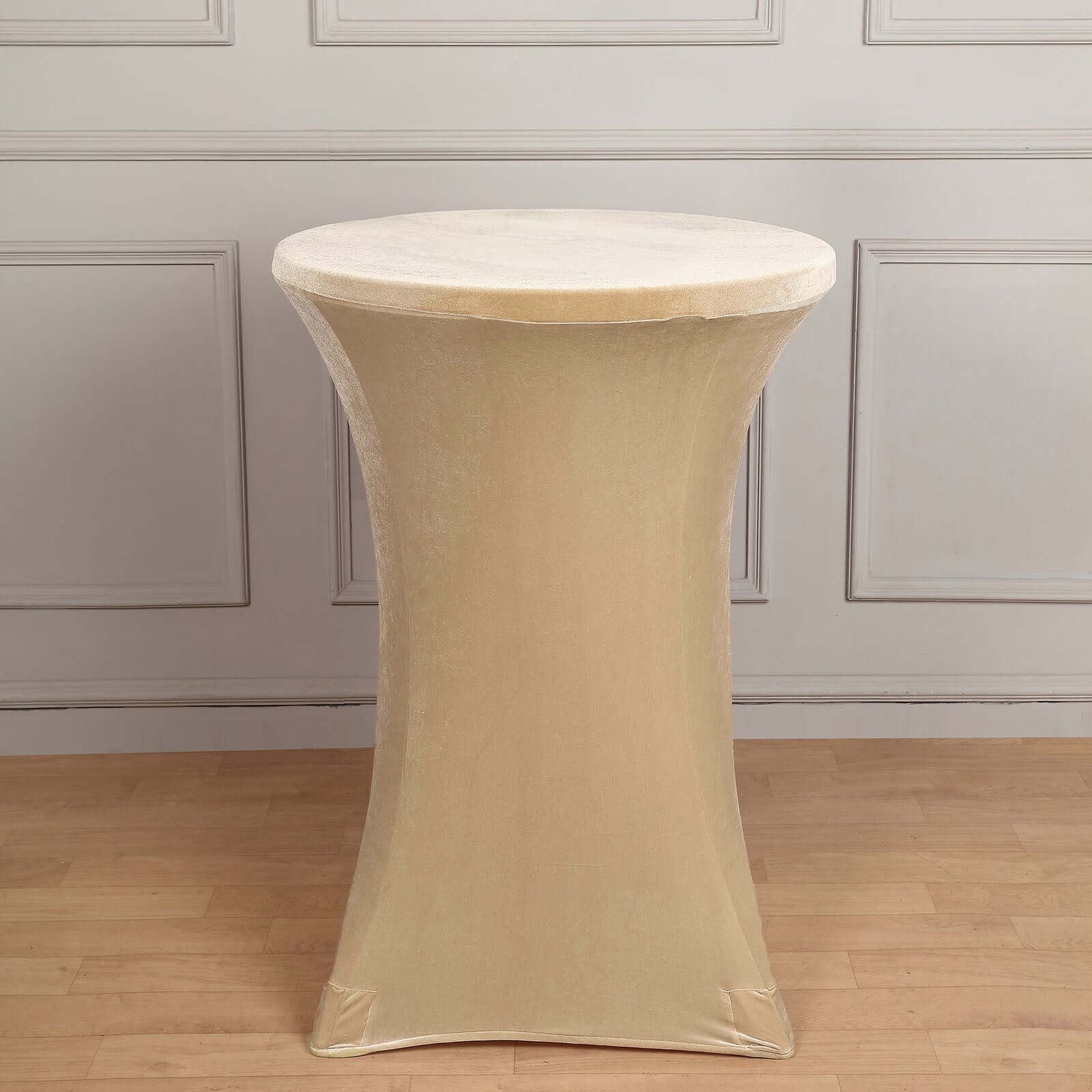 Premium Velvet Spandex 32 Round Cocktail Table Cover Champagne - Smooth Fitted Design with Foot Pockets