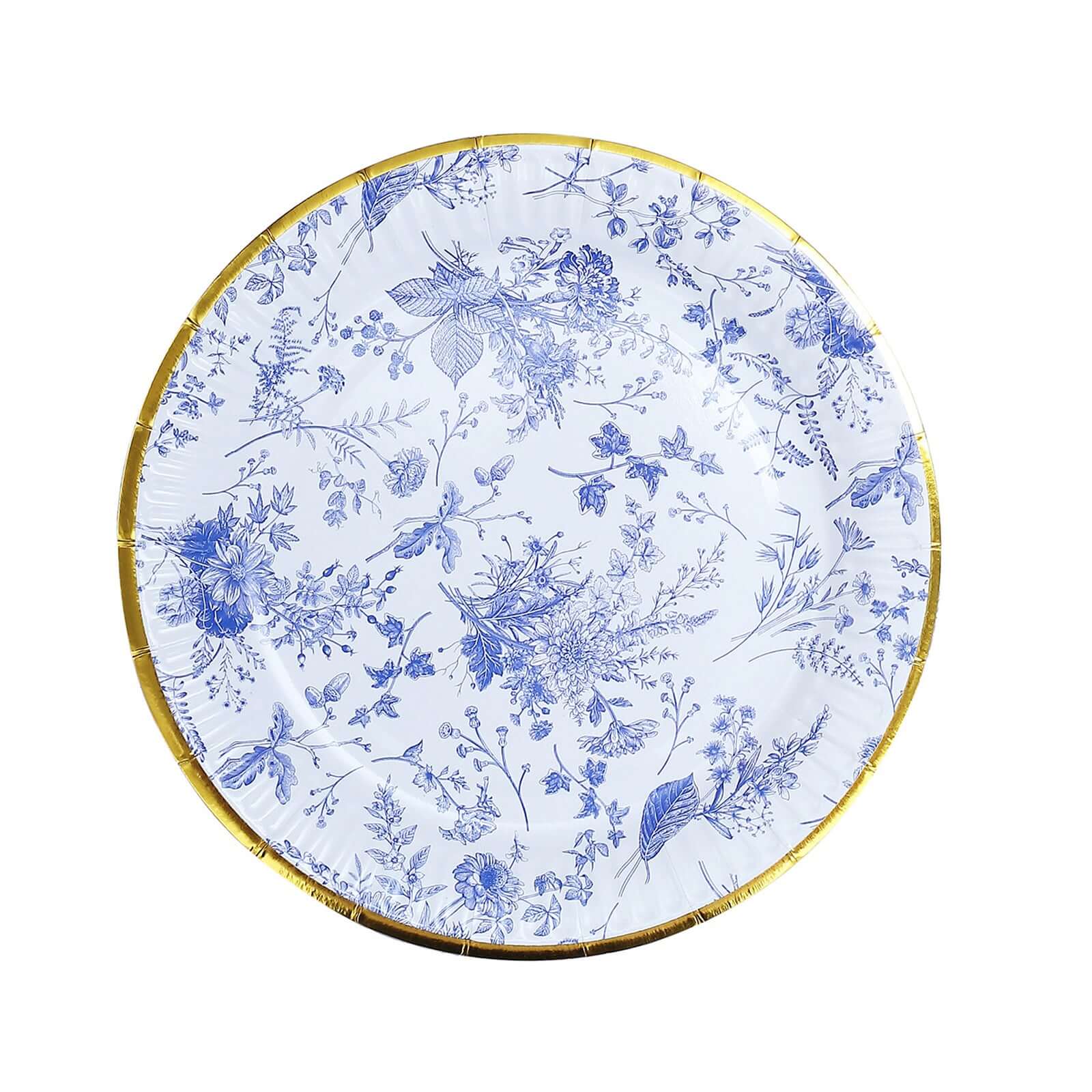 25-Pack Paper 7 Round Dessert Plates in White with Light Blue French Toile Pattern & Gold Rim - Disposable Salad Appetizer Plates for Luncheons & Garden Themes