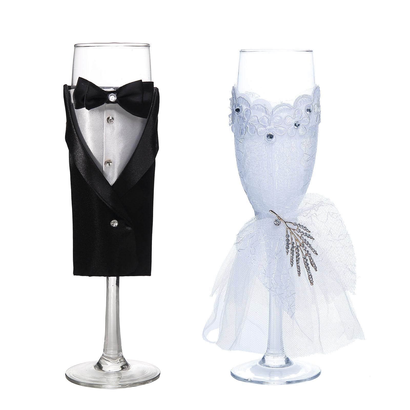 Set of 2 Clear Champagne Flutes with Black Bride and Groom Koozies - Wedding Toast Glasses 9