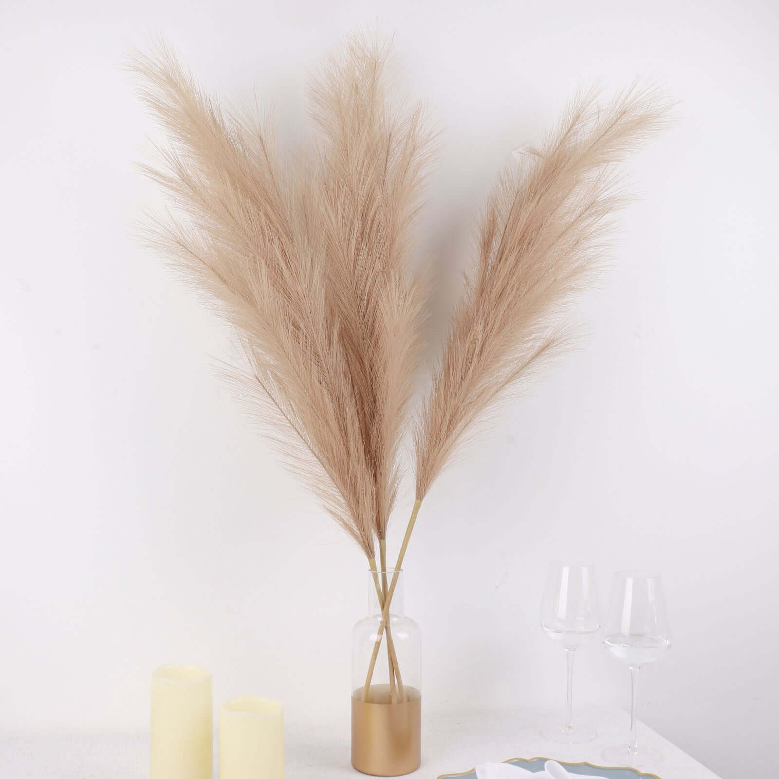 3 Stems Artificial Pampas Grass Decor Taupe - Soft Realistic Faux Ornamental Grass Branches for Rustic Boho Chic Backdrops Floral Styling & Vase Displays 44