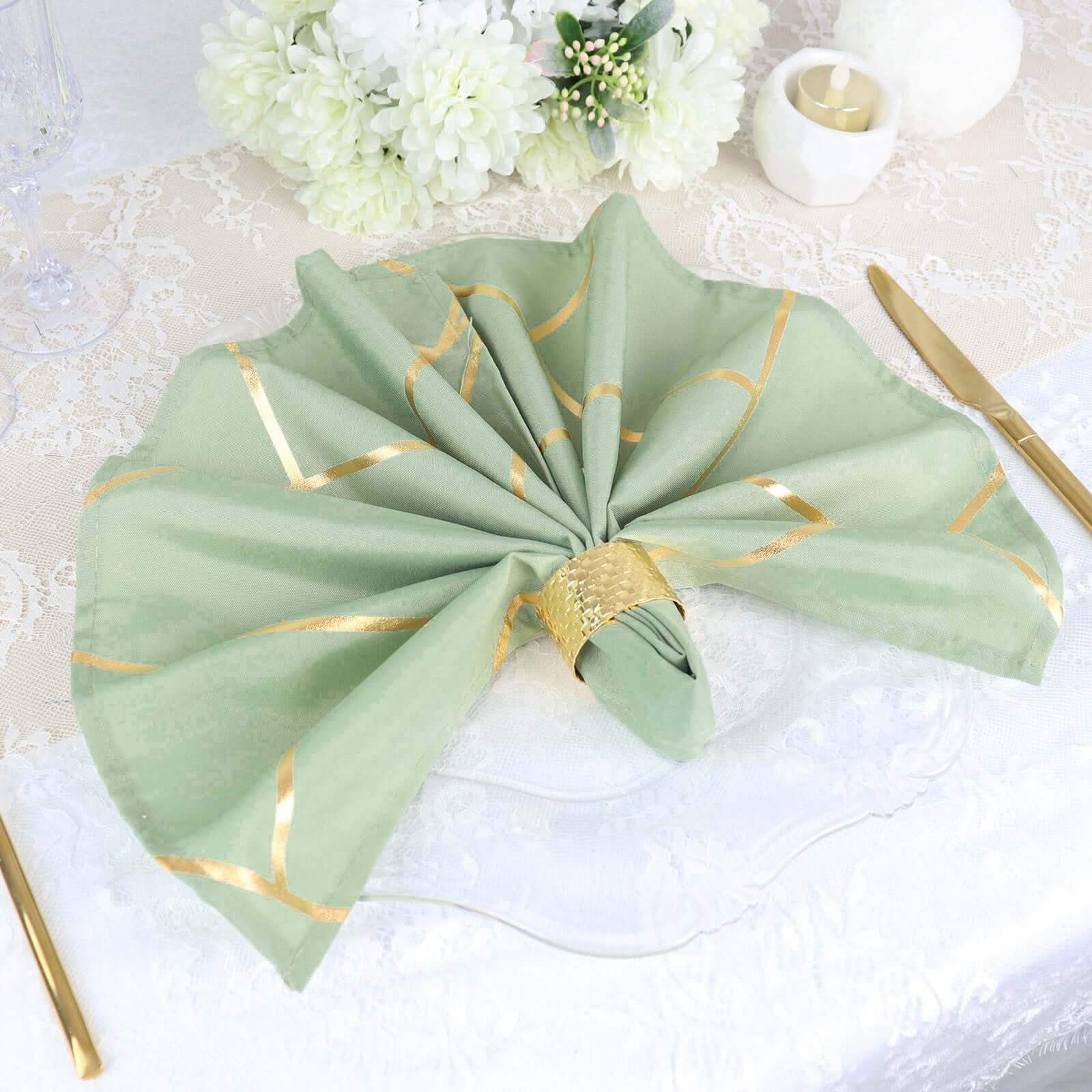 5 Pack Polyester 20x20 Napkins Sage Green with Gold Geometric Foil Pattern - Modern Reusable Dinner Napkins