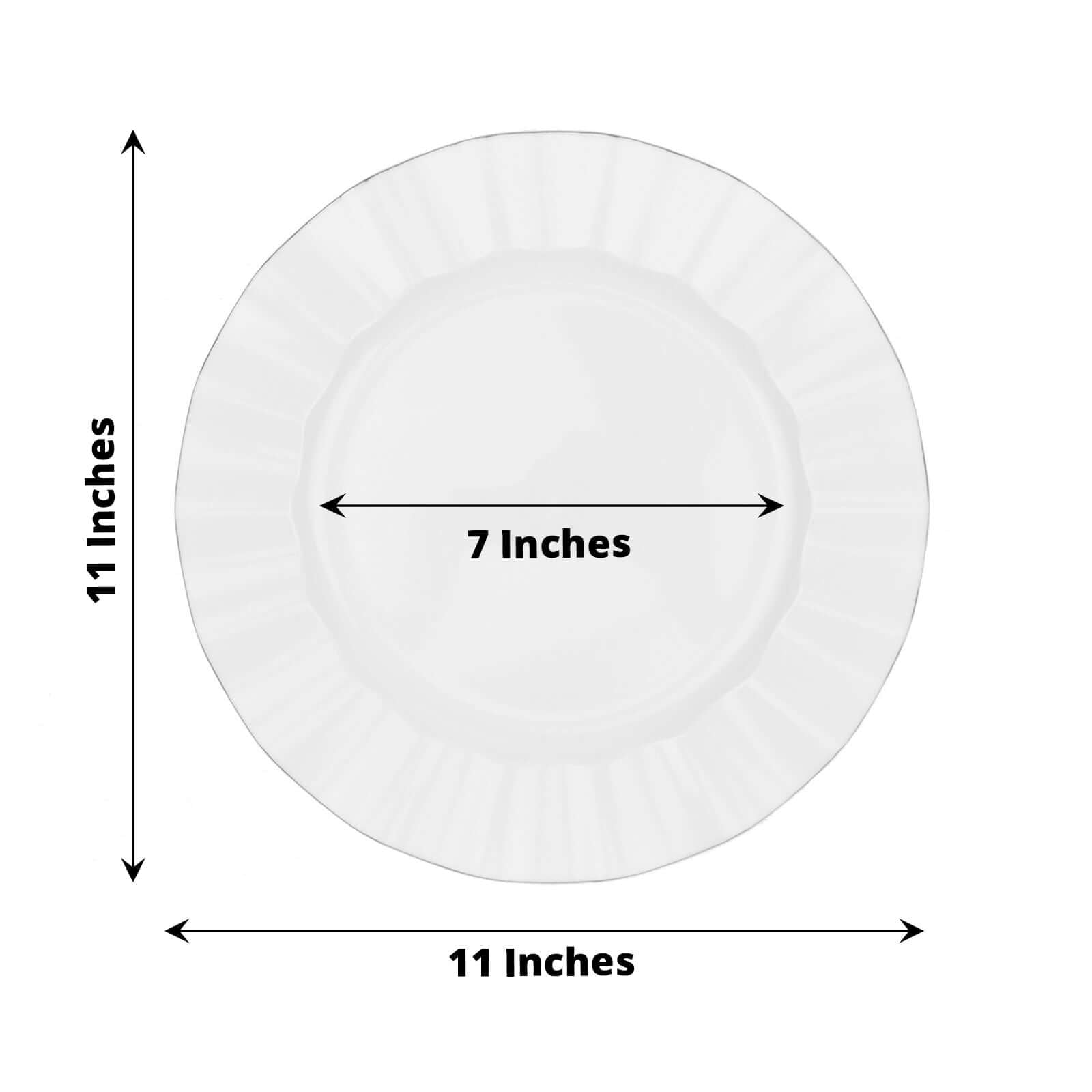 10-Pack Plastic 11 Round Dinner Plates in White Ruffled Rim with Gold Edging - Sturdy Disposable Dinnerware for Classy Events & Banquets